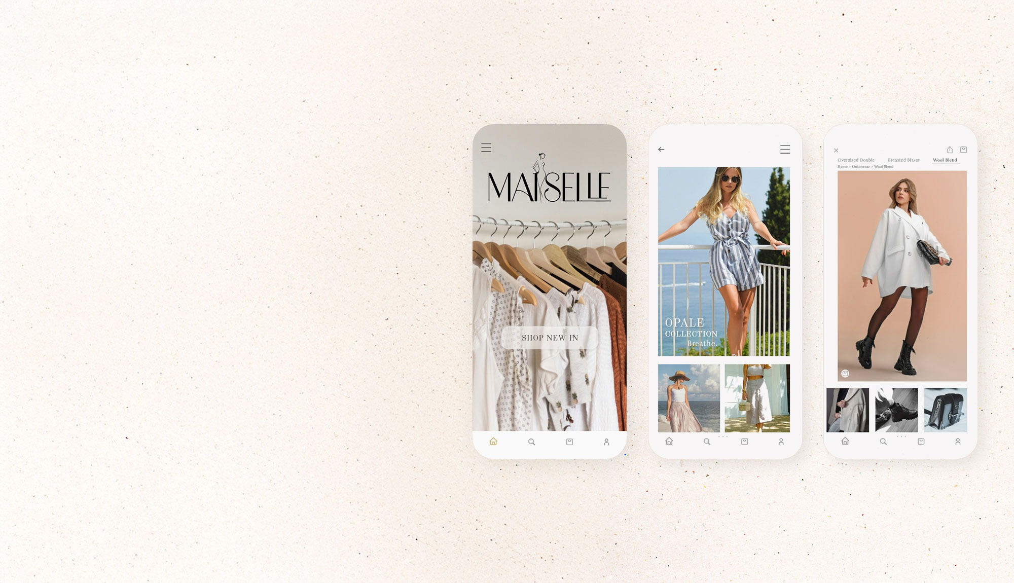 Mobile-first app UI for Maiselle, designed for seamless shoppingand luxury fashion by UrBrand Studio