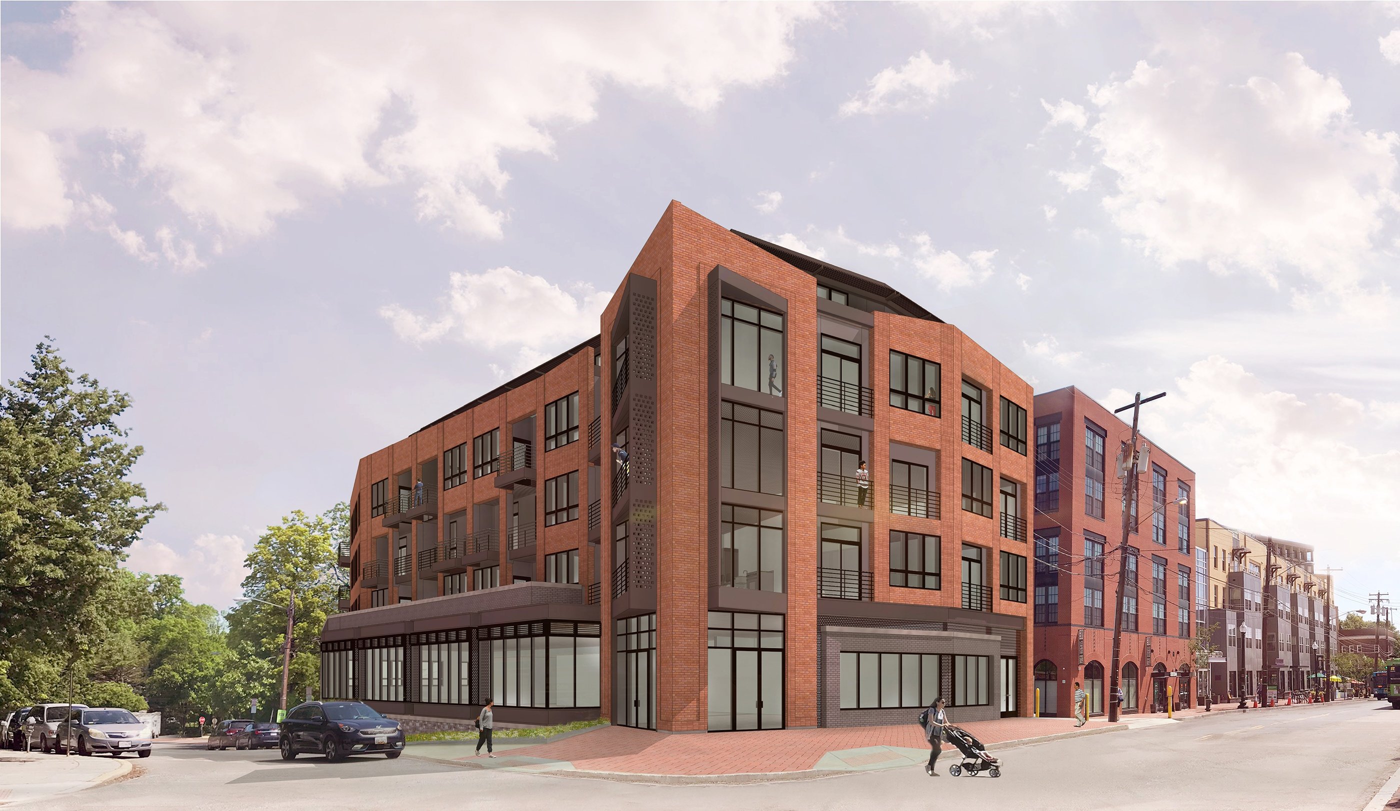 Modern red brick multi-family apartment building architectural rendering on an urban street corner.