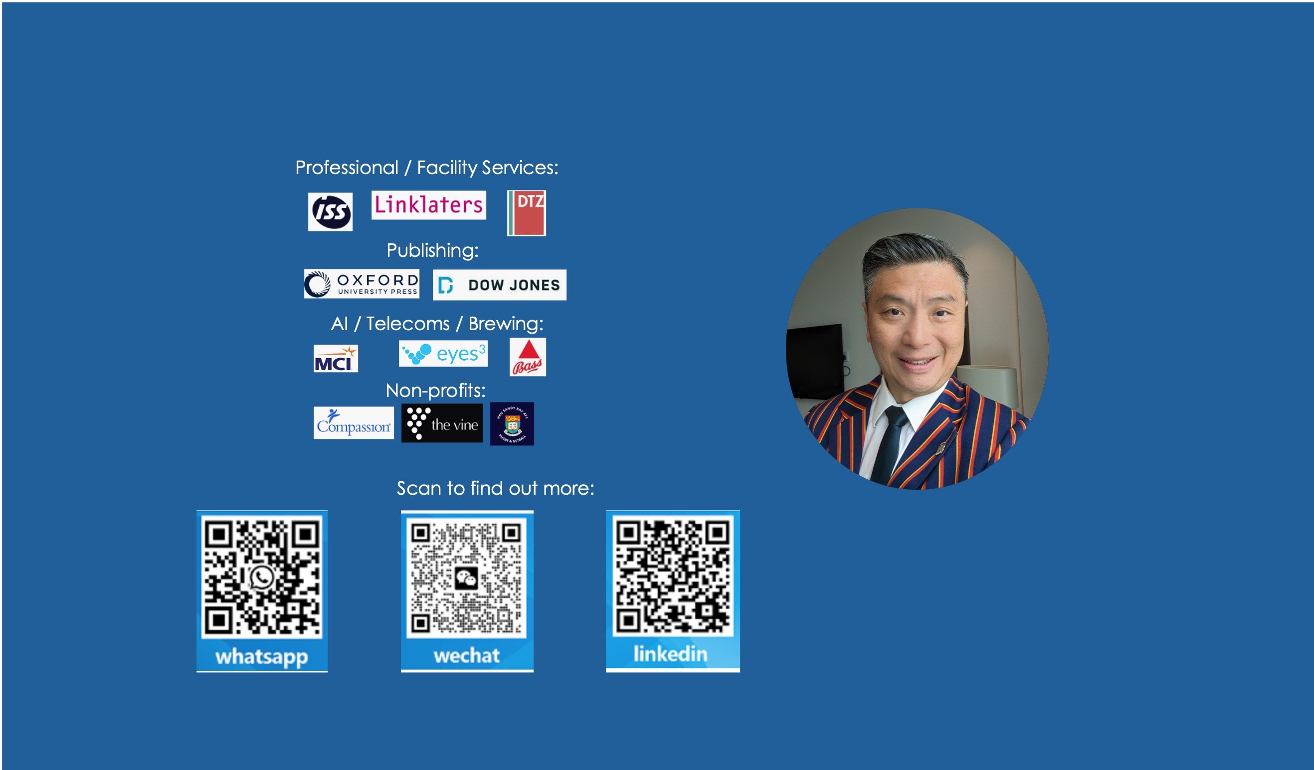 Hudson alongside his client and company logos, with QR codes for LinkedIn, WeChat and WhatsApp