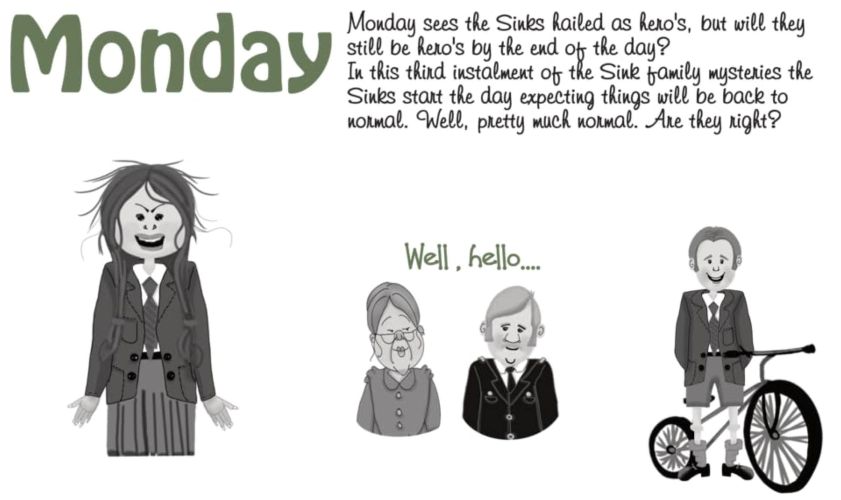 a cartoonish illustration of a woman with crazy hair and boy with a bicycle