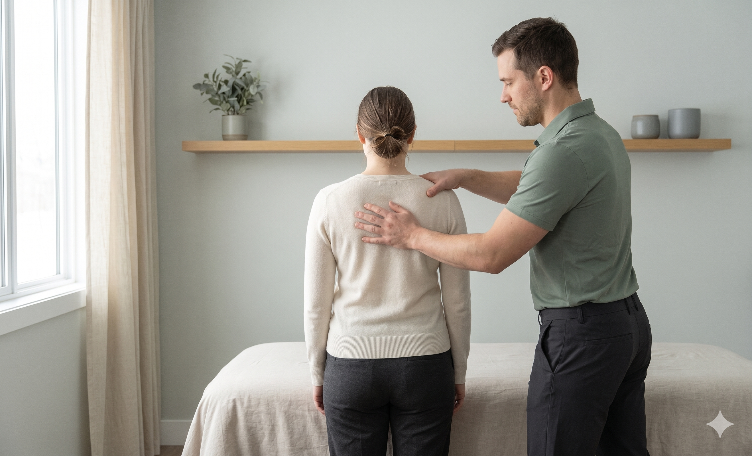 A practitioner performing a hands-on osteopathic assessment to help improve spinal alignment.