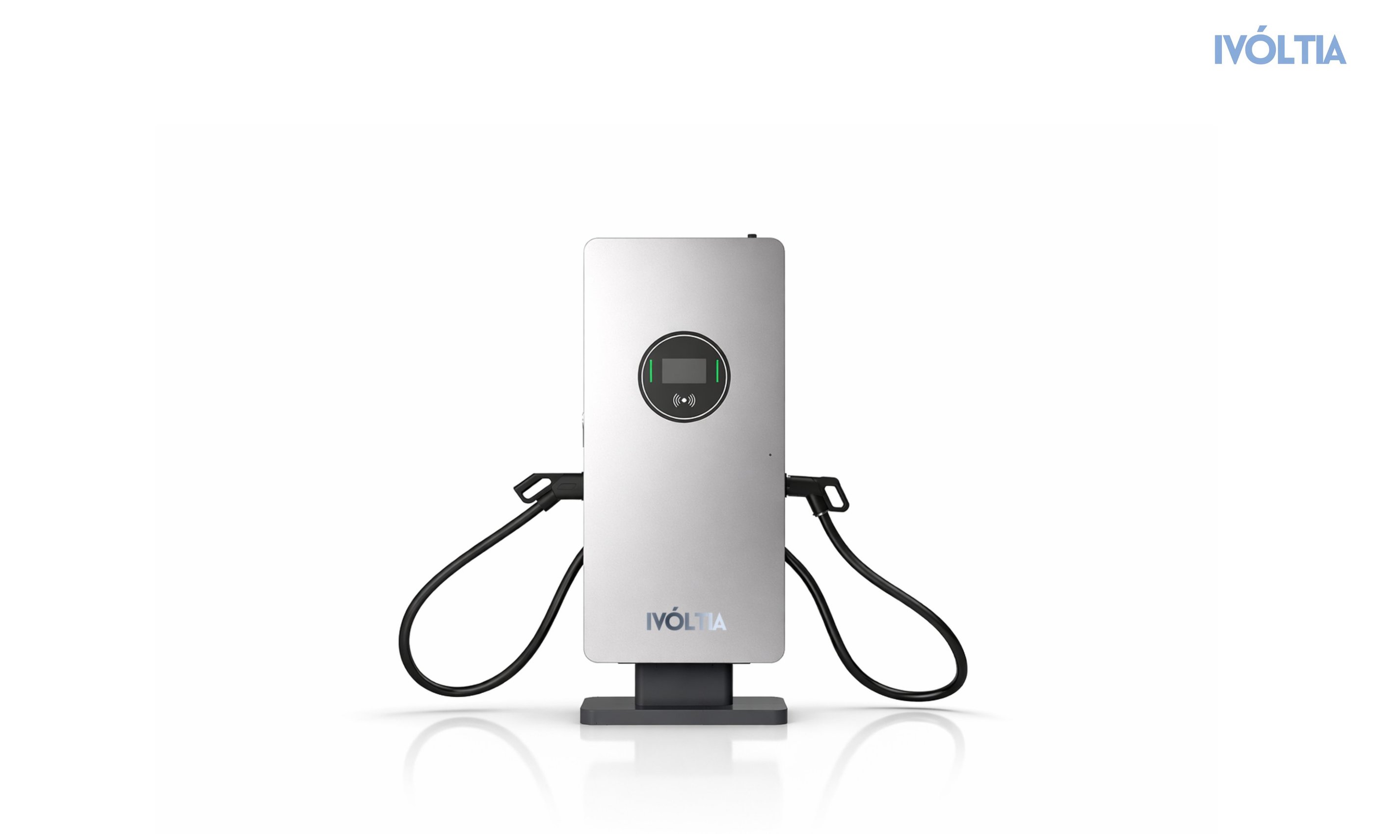 iVoltia 60-80kW dual-port electric vehicle charging station with digital display.