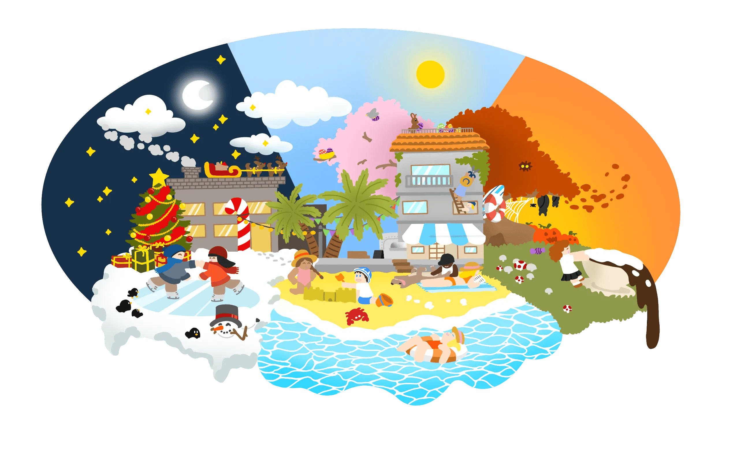 illustration portfolio Noël printemps été pâques plage automne Halloween