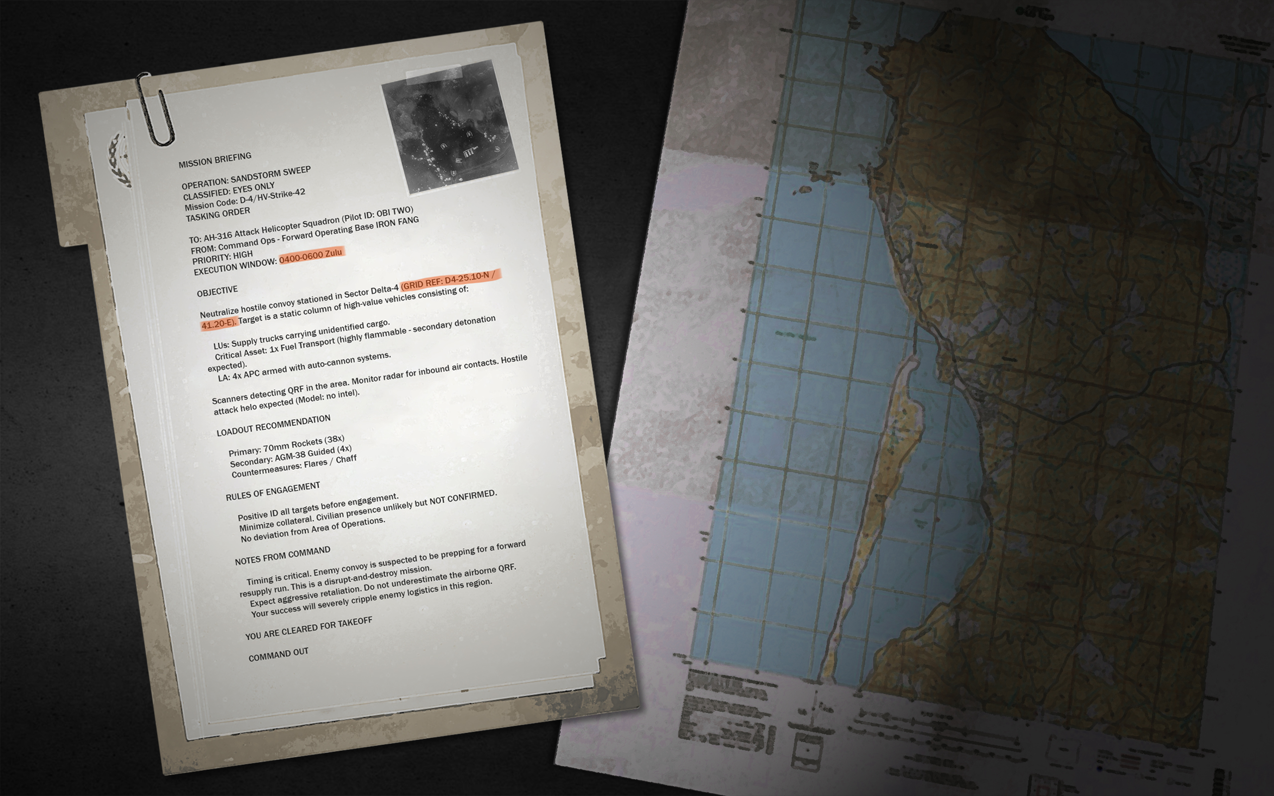 Tablet with mission briefing and a map