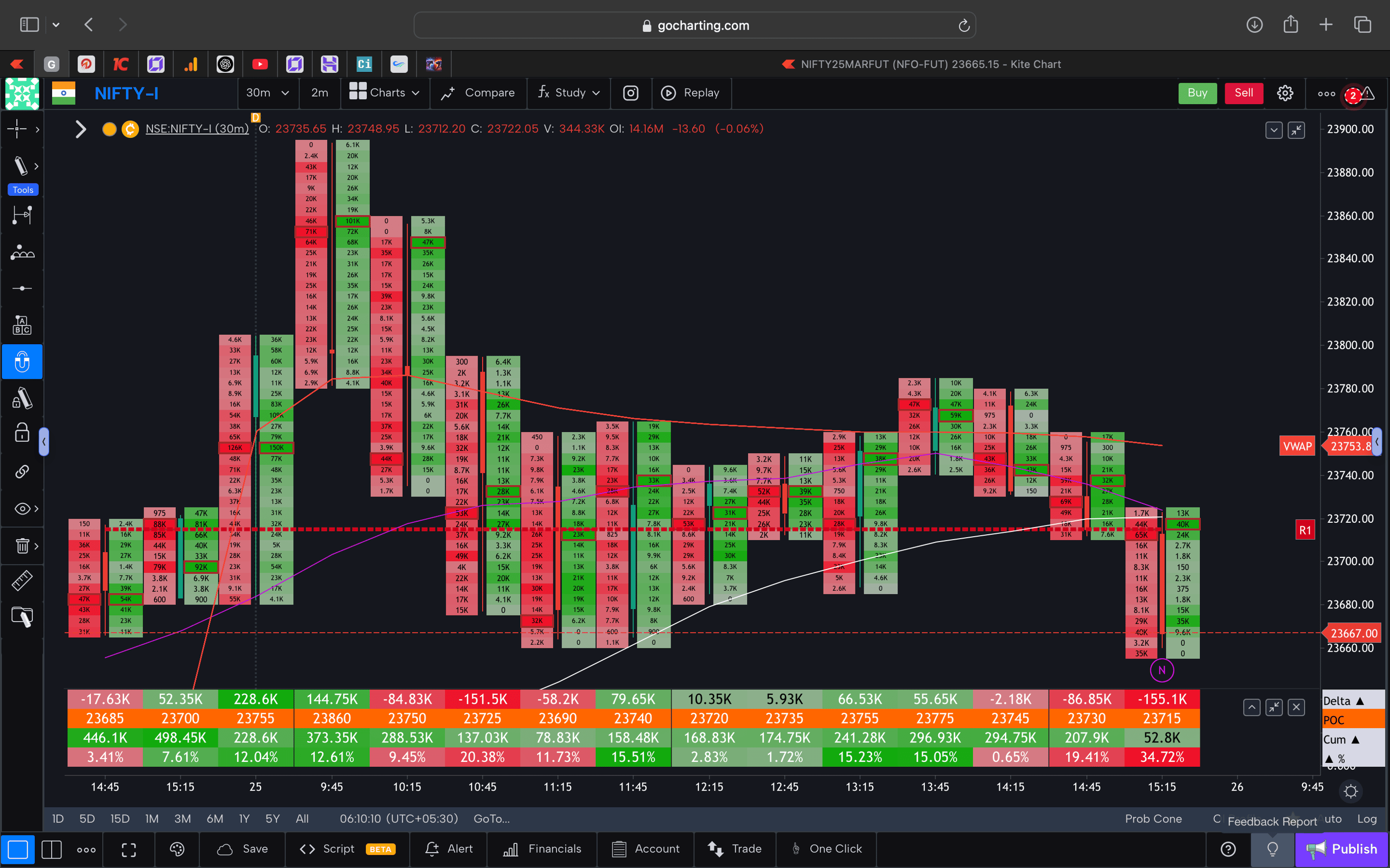 Nifty 50 Future - 30 Minutes Timeframe  order-flow Chart Showing Market Trends  for Today Market 
