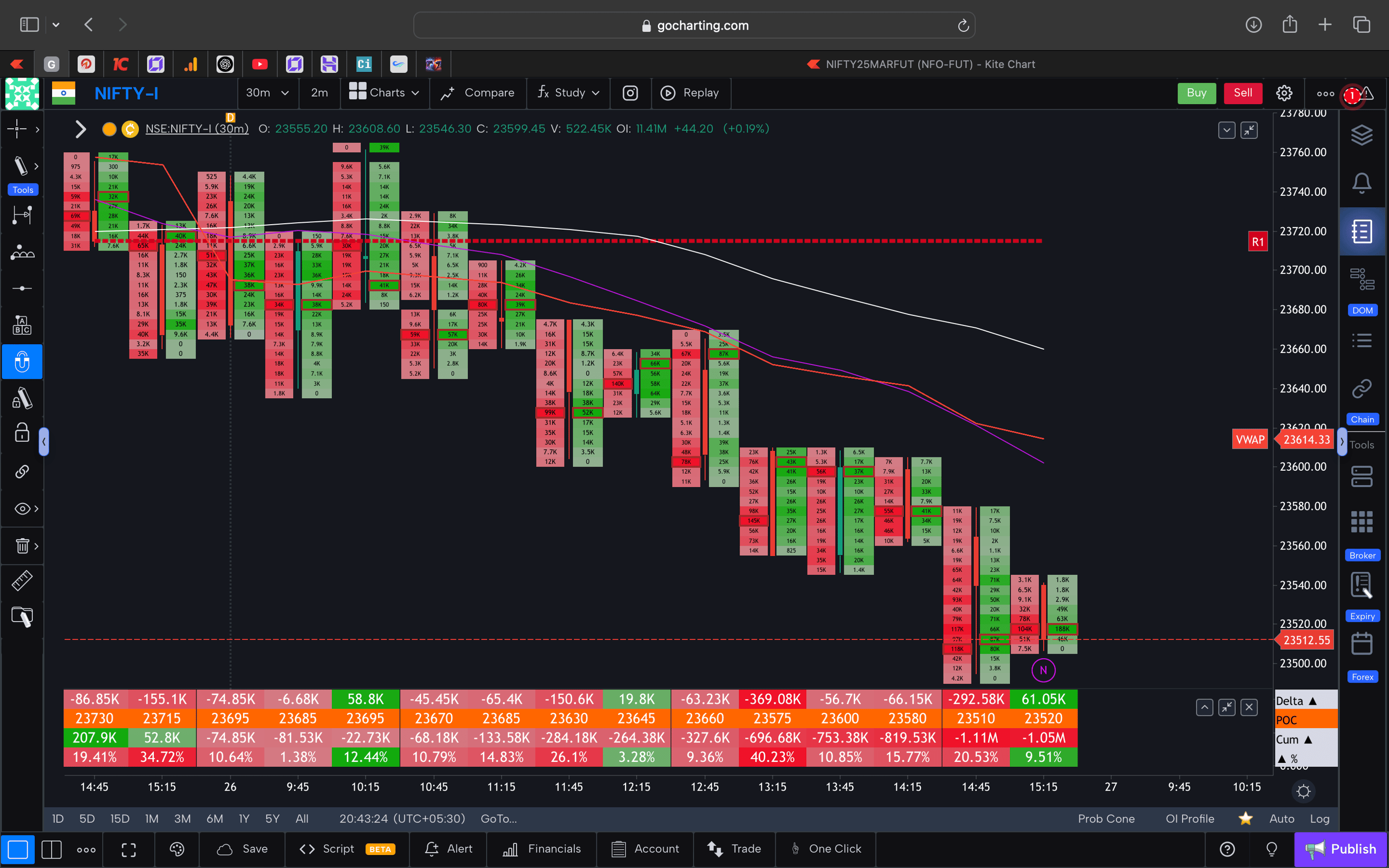 Nifty 50 Future - 30 Minutes Timeframe  order-flow Chart Showing Market Trends  for Today Market 