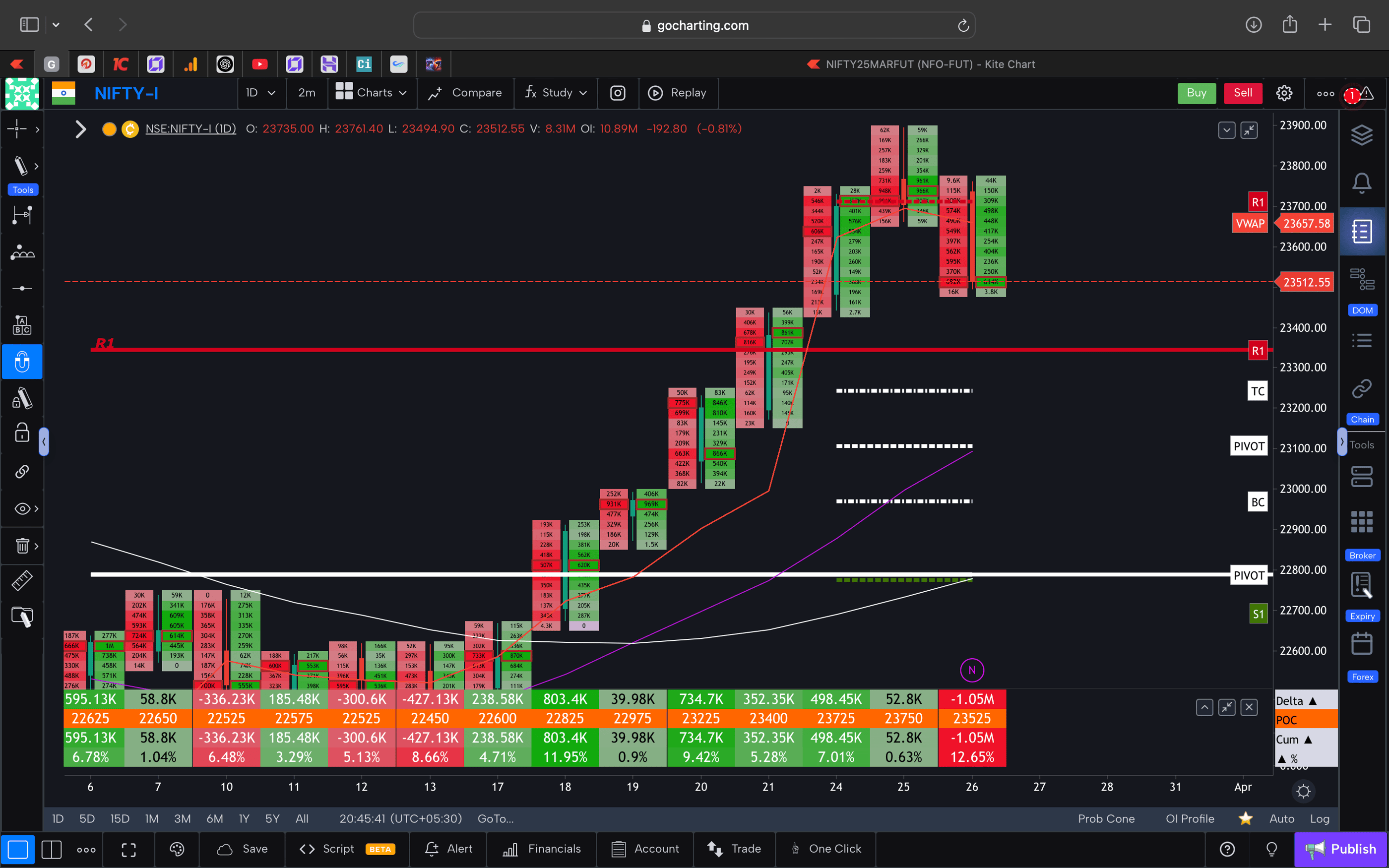 Nifty 50 Future - daily Timeframe  order-flow Chart Showing Market Trends  for Today Market 