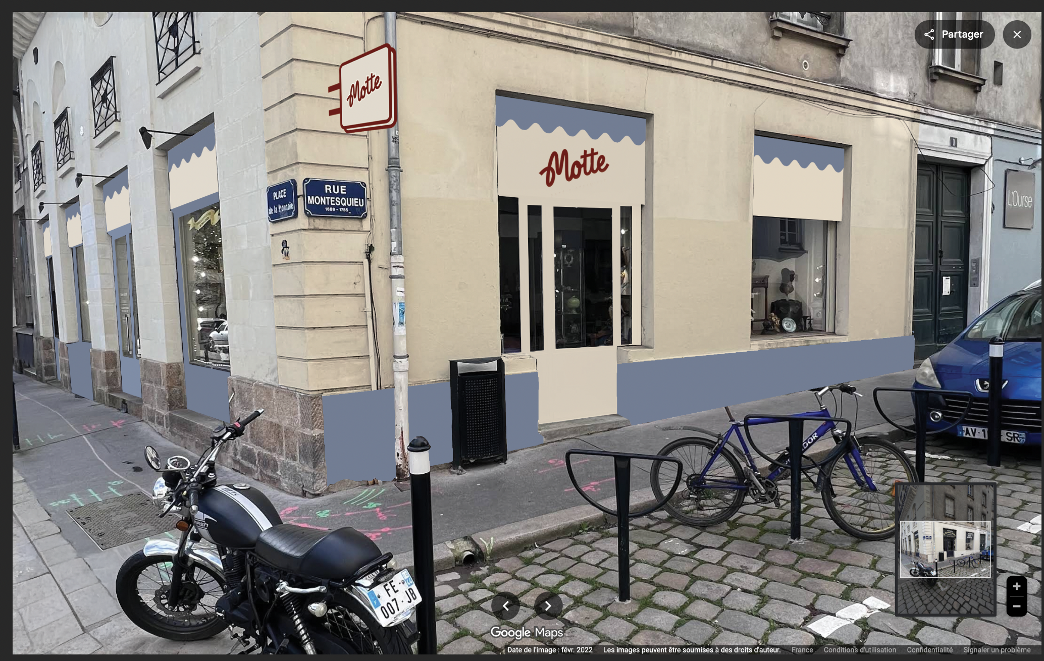 Motte boutique storefront on Rue Montesquieu in Paris with a vintage motorcycle and bicycle parked outside.