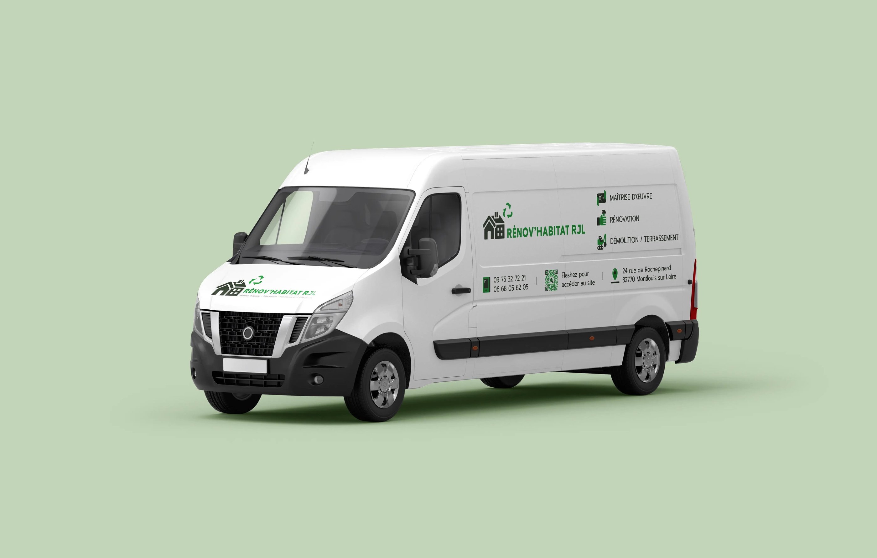 flocage véhicule de trois quart de rénovhabitat rjl