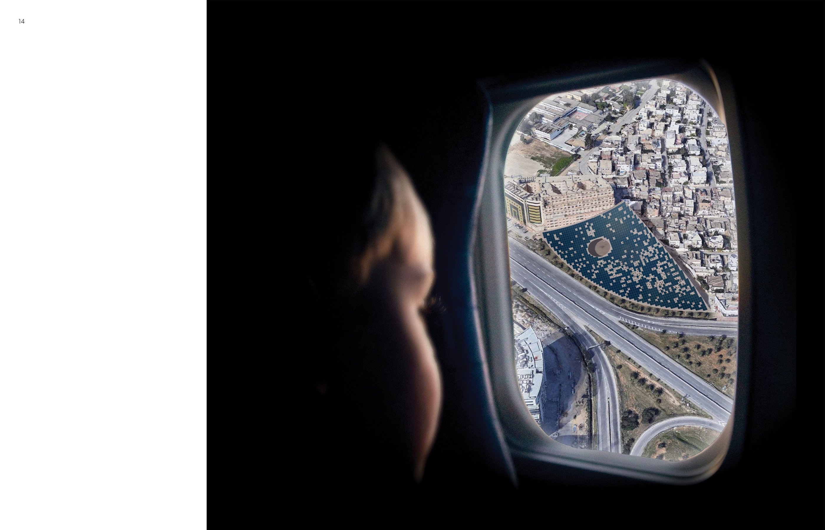 A photo of a child looking through an airplane window at a giant solar roof