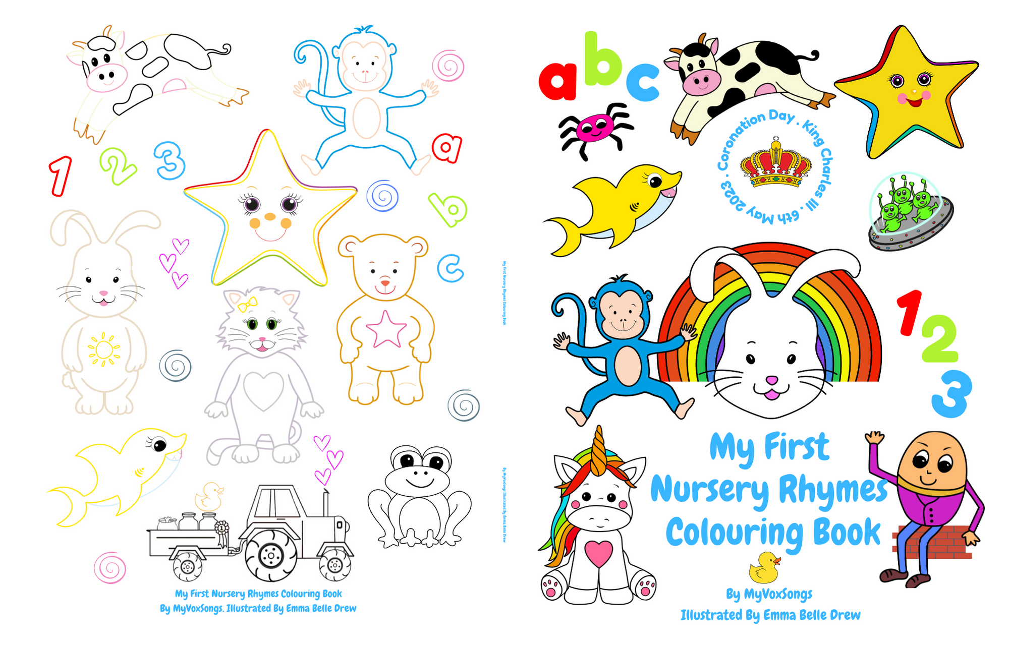 VoxKids nursery rhyme characters Five Little Monkeys, Twinkle Twinkle Little Star and cow over the m