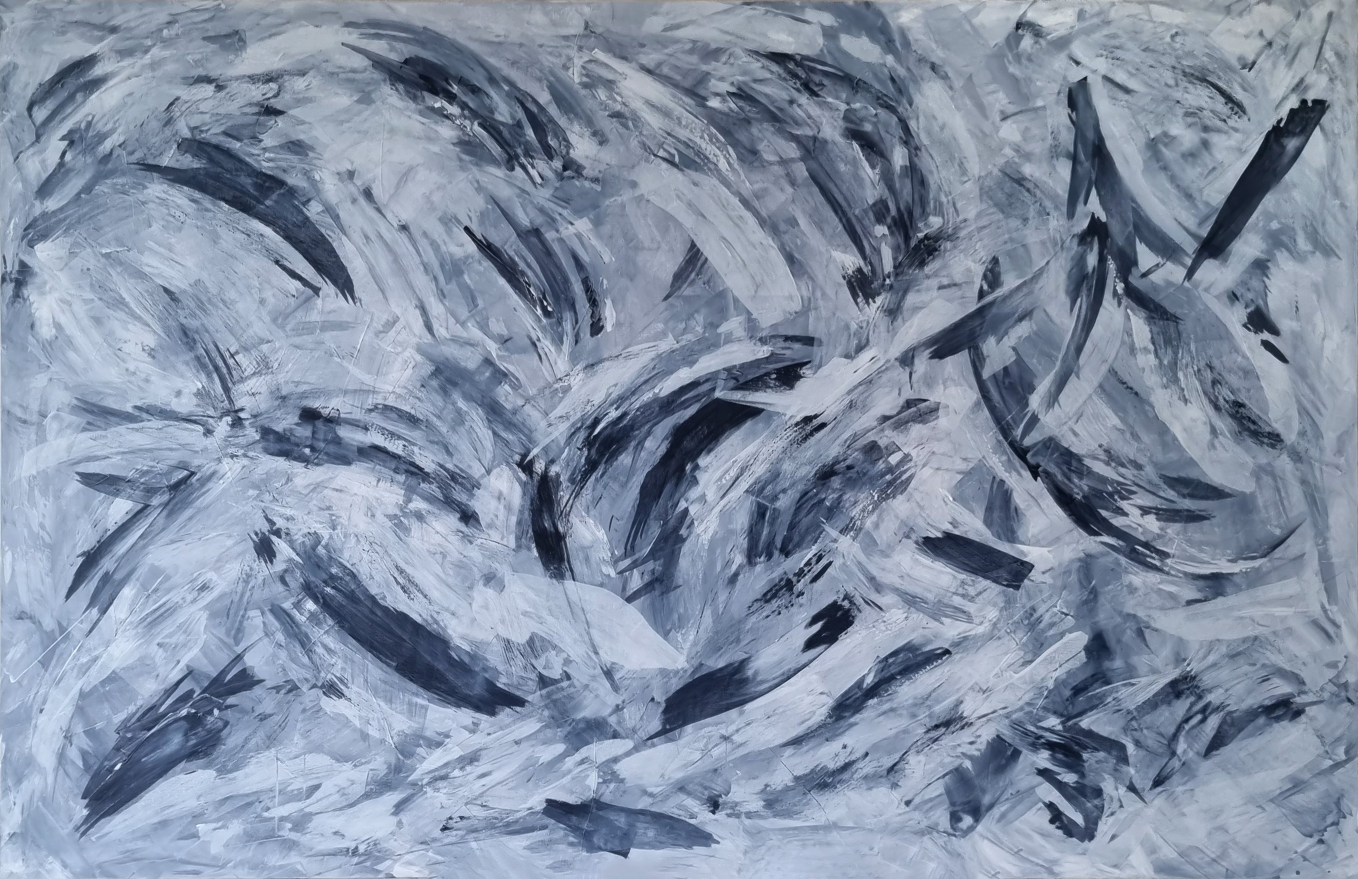 Abstract expressionist painting featuring sweeping black, white, and gray brushstrokes with textured layers.