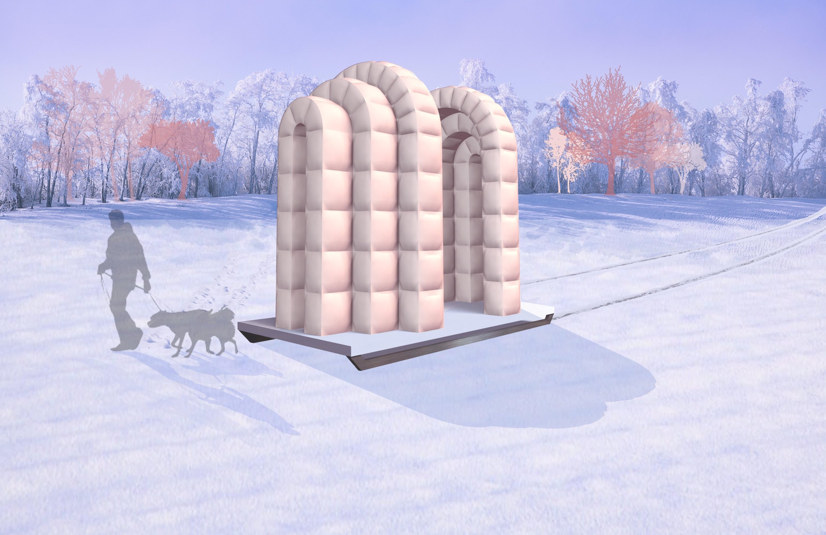 an arched temporary shelter set on a sled