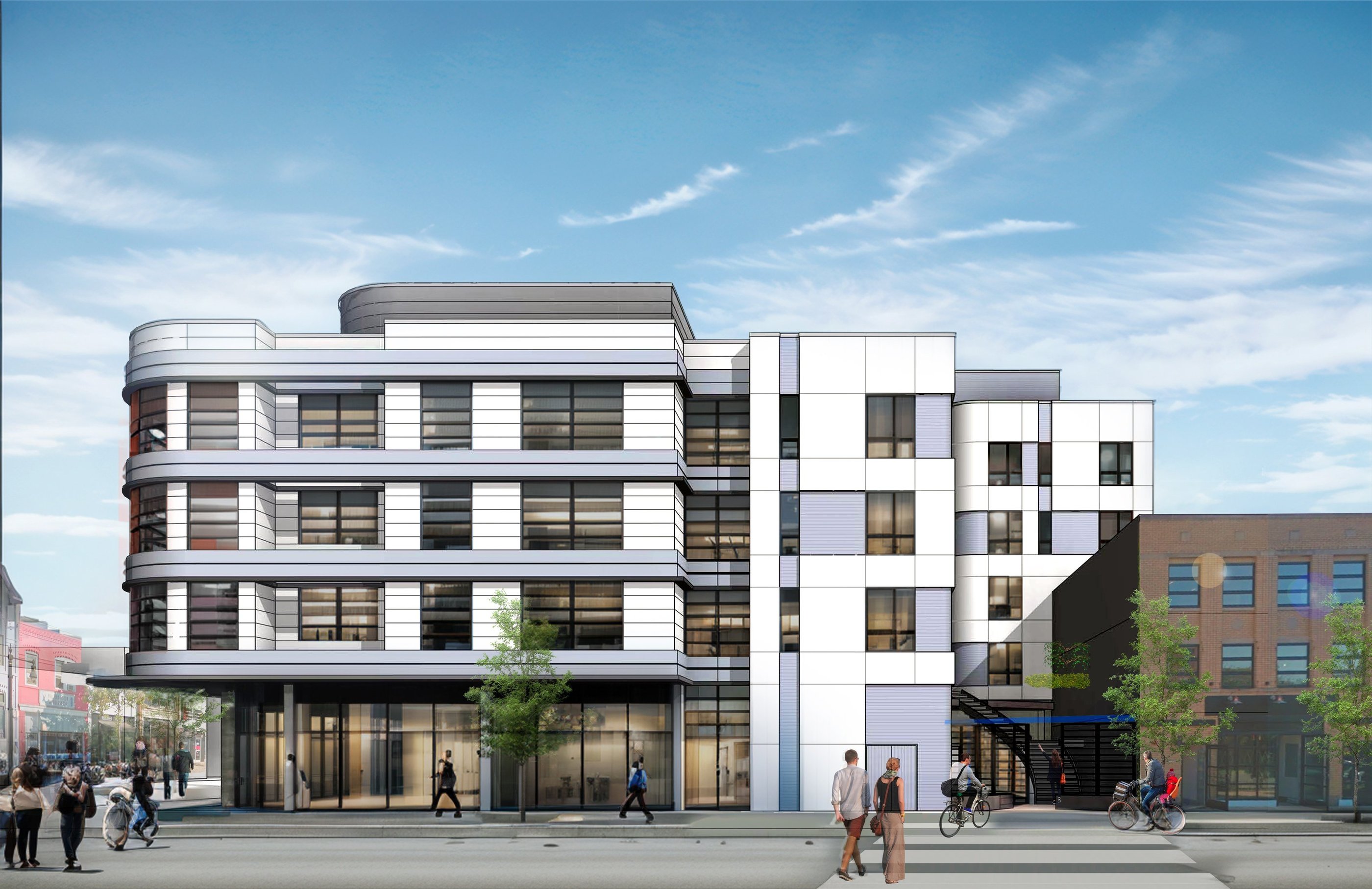 a rendering of a blue and white art-deco apartment building