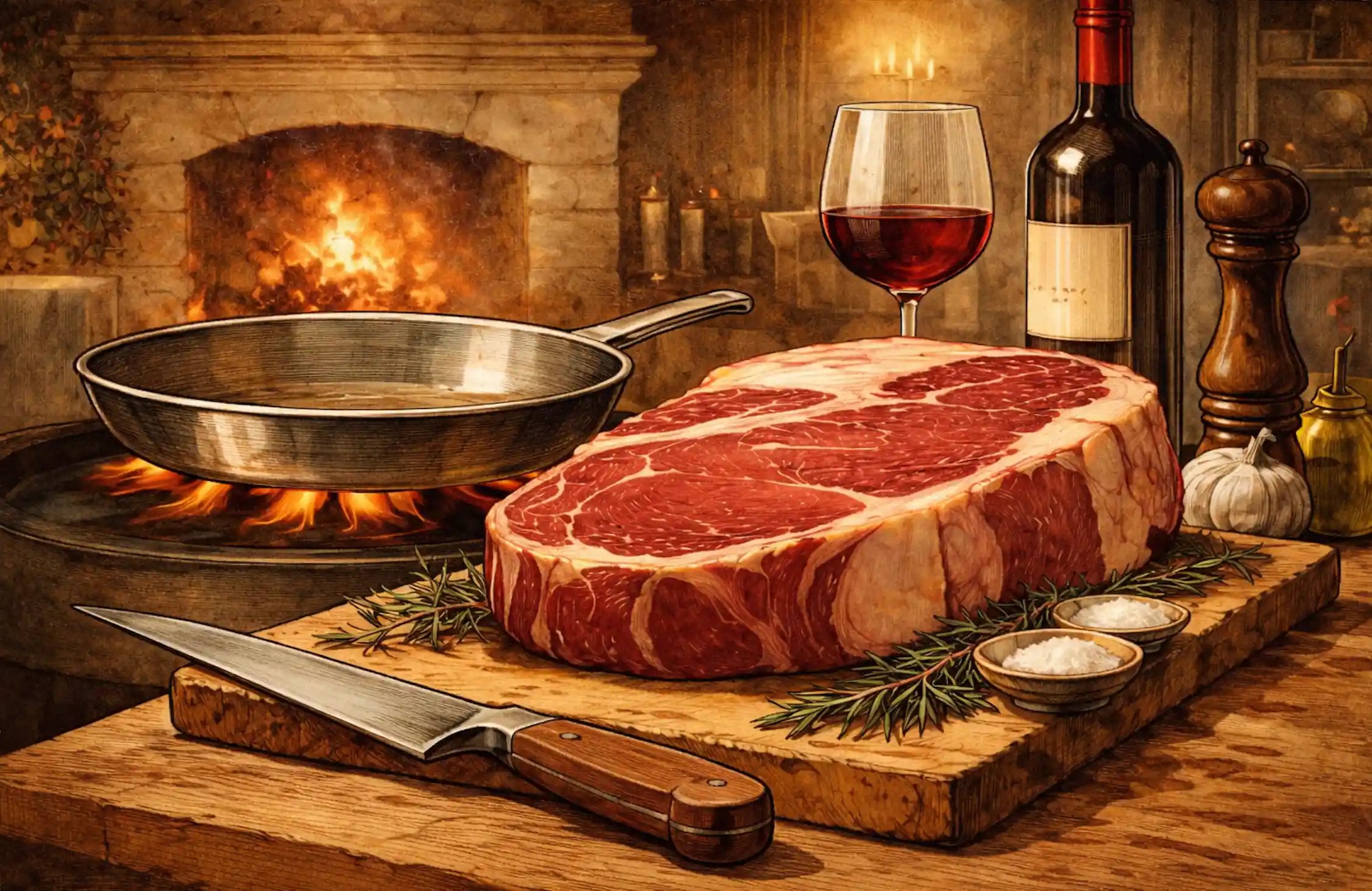 Une cote de boeuf et une poele en inox