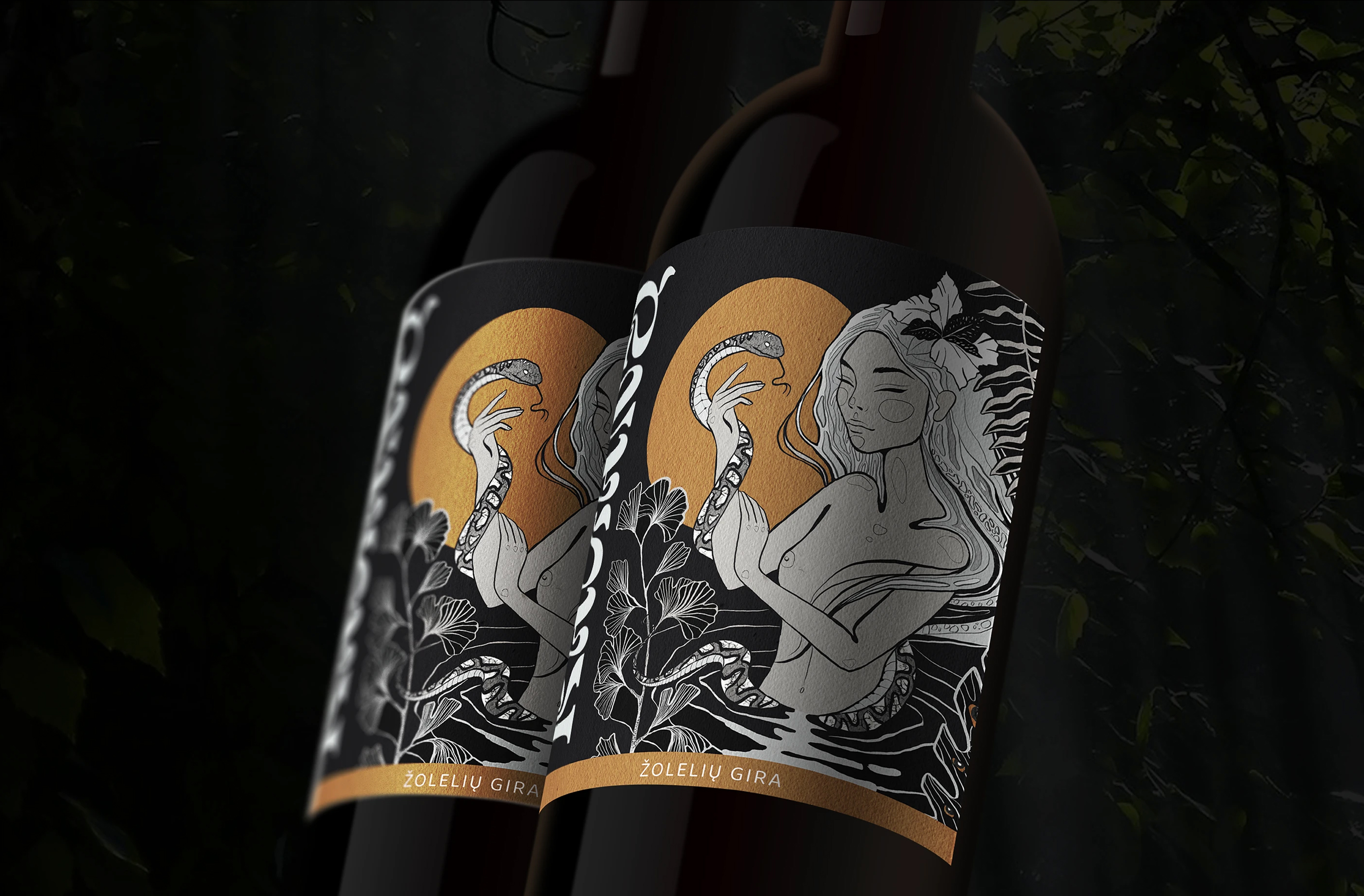 Two bottles of herbal kvass featuring artistic labels with a gold moon and snake illustration.
