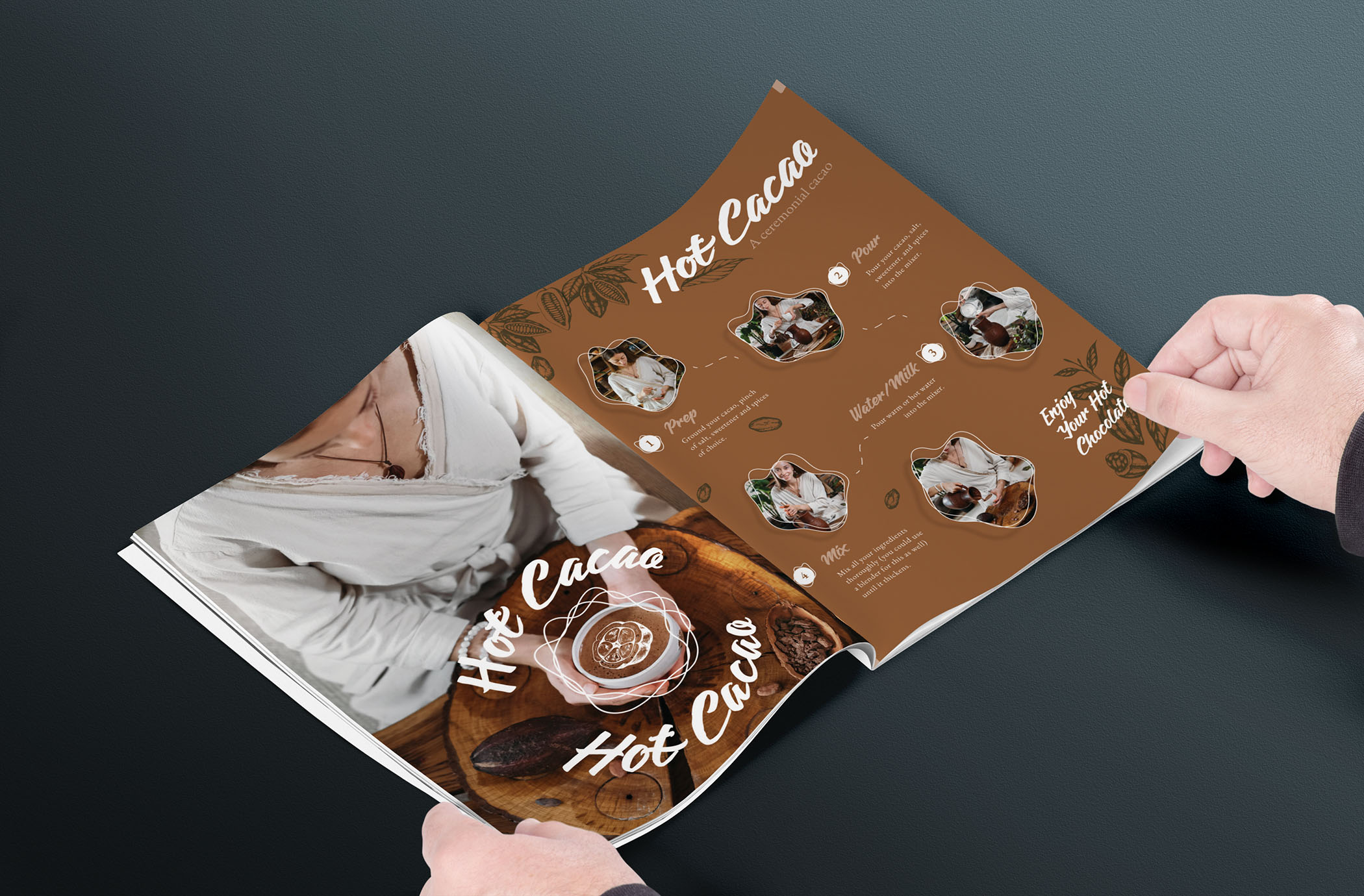 Hands holding an open recipe magazine spread for ceremonial hot cacao preparation.