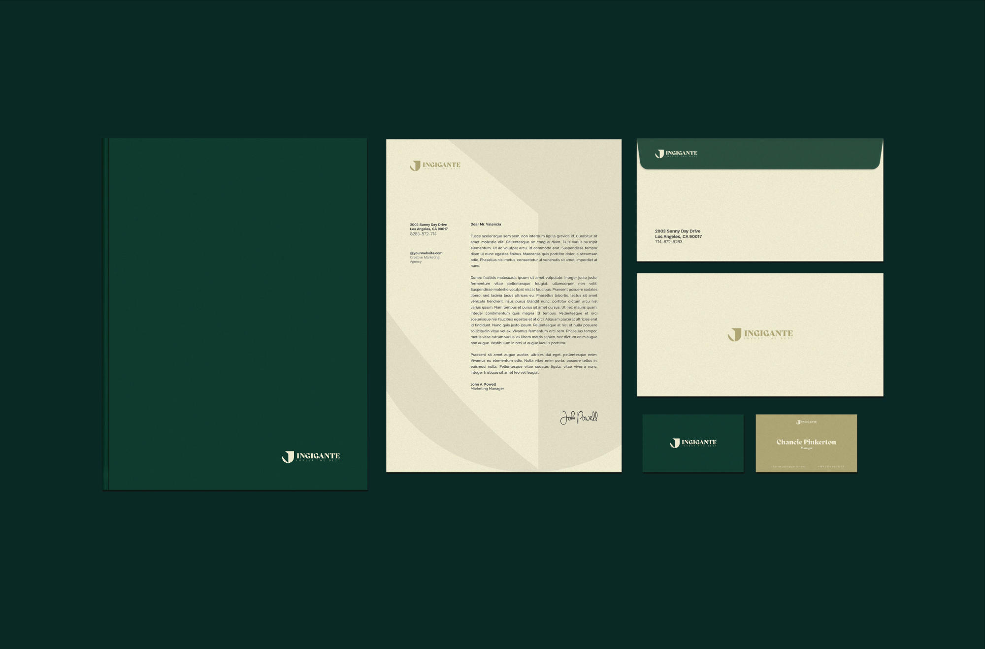 a business card with a green and white background