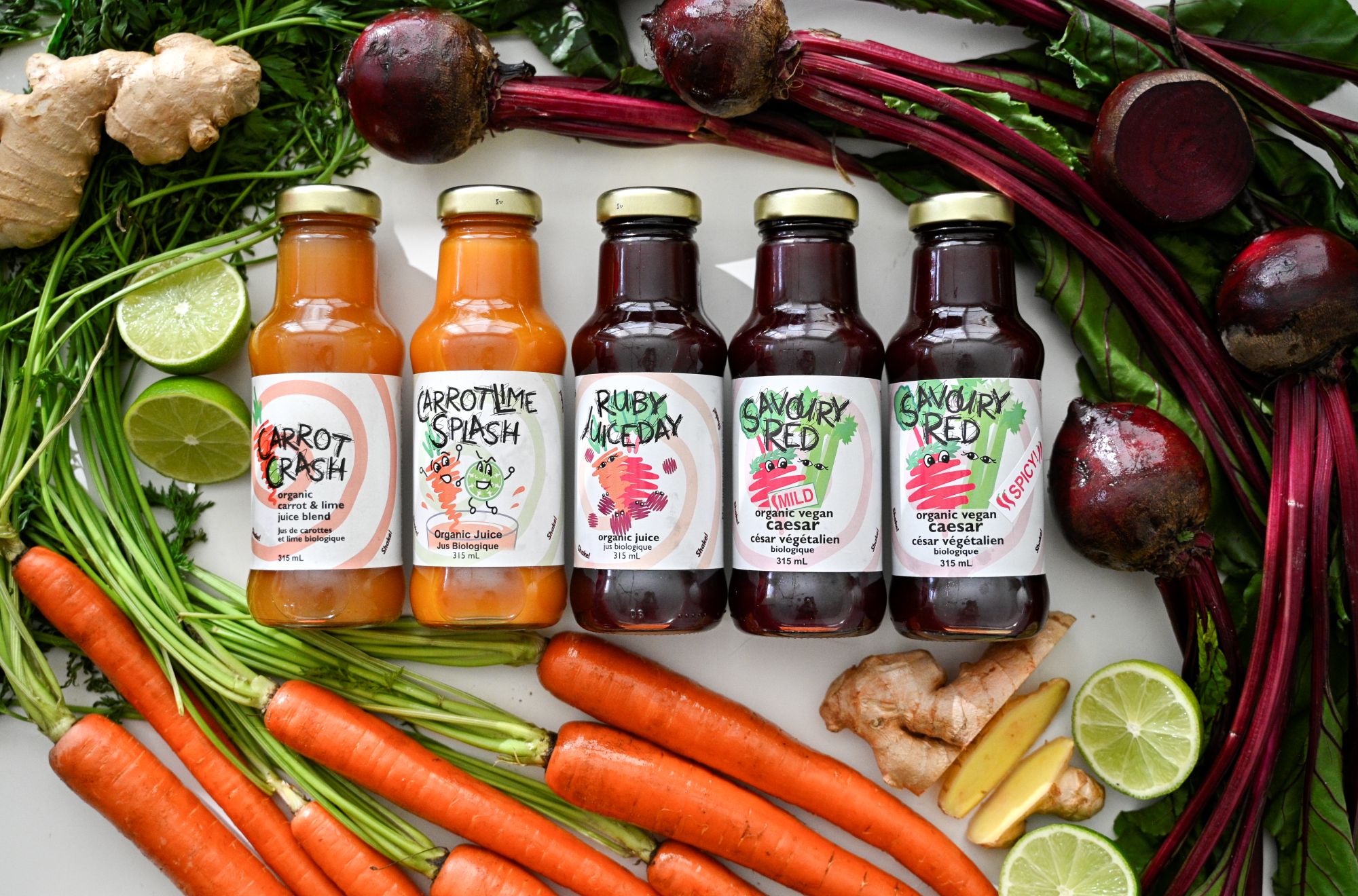 All 5 of our Organic Juices. Carrot Crash, Carrot Splash, Ruby Juiceday NEW, Mild Beet, Spicy Beet