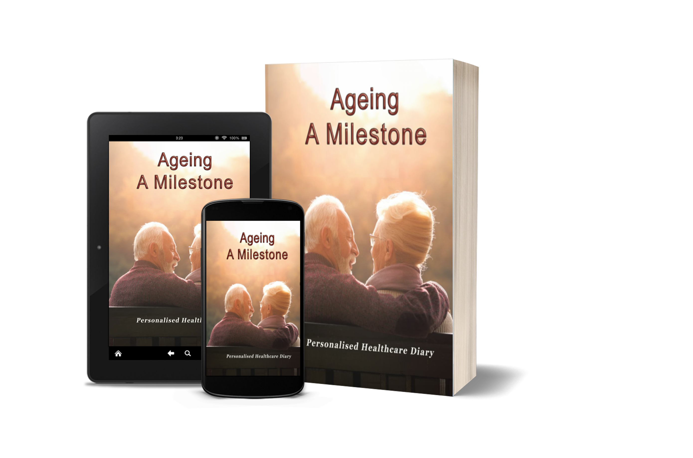 a tablet and a phone with a book about ageing on it with the book beside it