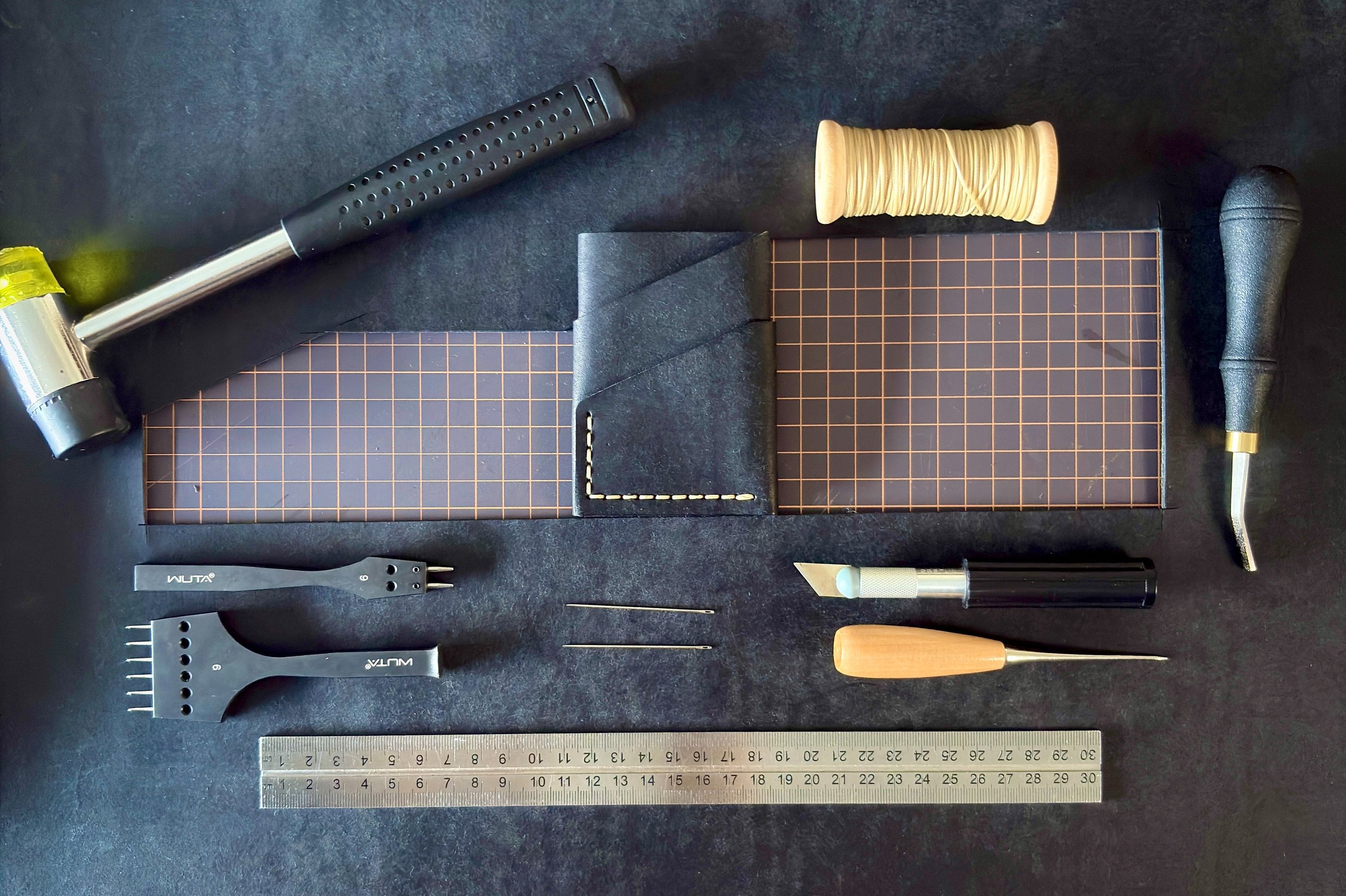 Leather Crafting tools. Tools used to make Wrap Leather Wallet