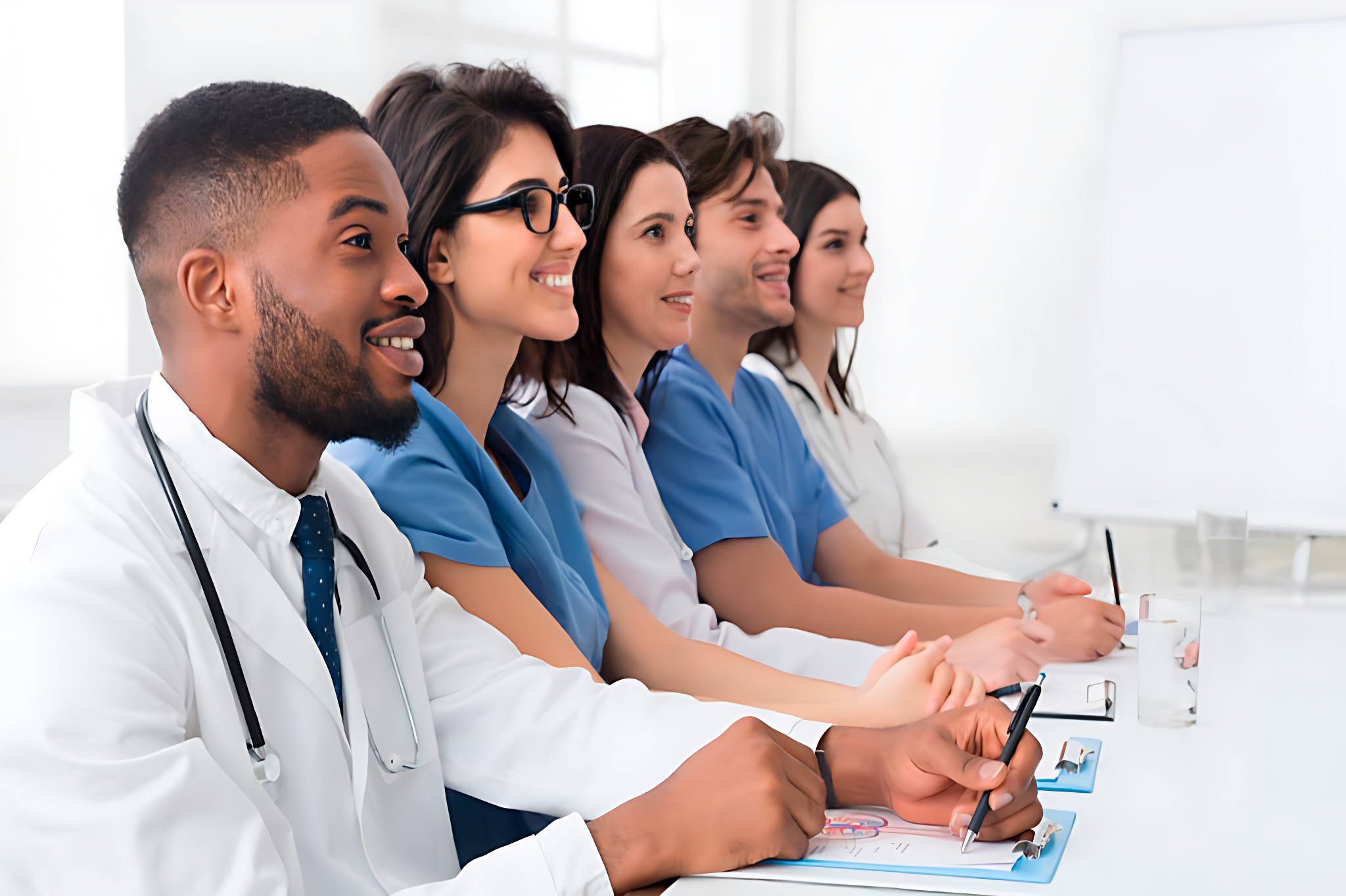 Diverse group of medical professionals in scrubs and lab coats sitting at a table for a seminar.
