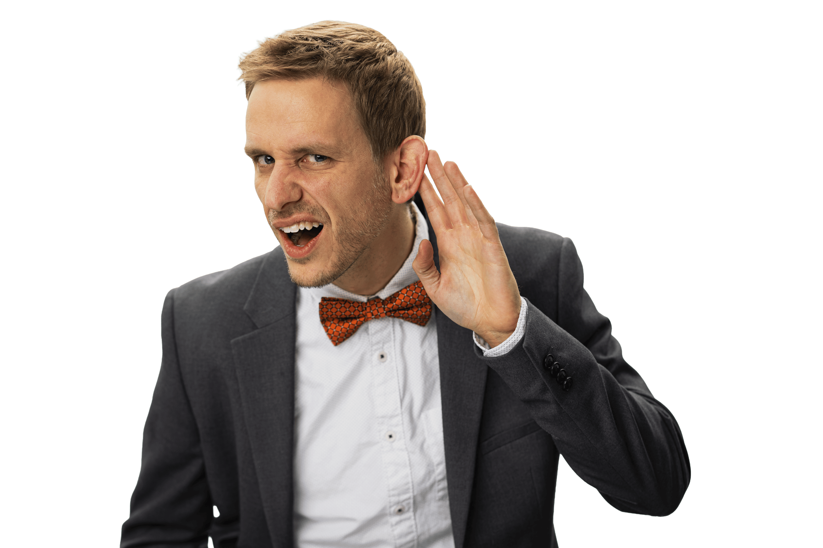 Remy with his hand to his ear, listening
