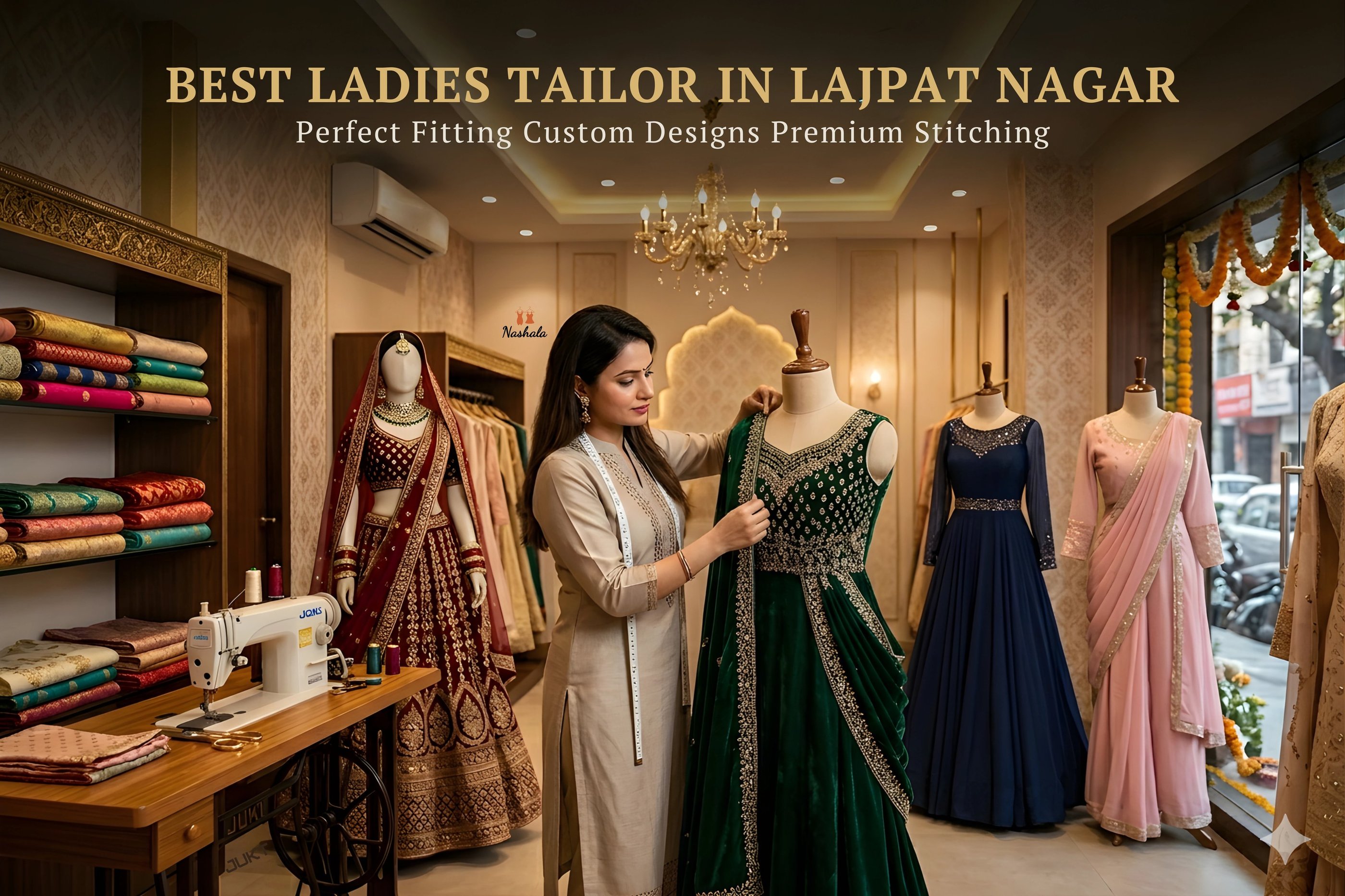 Professional female tailor fitting a green embroidered lehenga at a boutique in Lajpat Nagar.