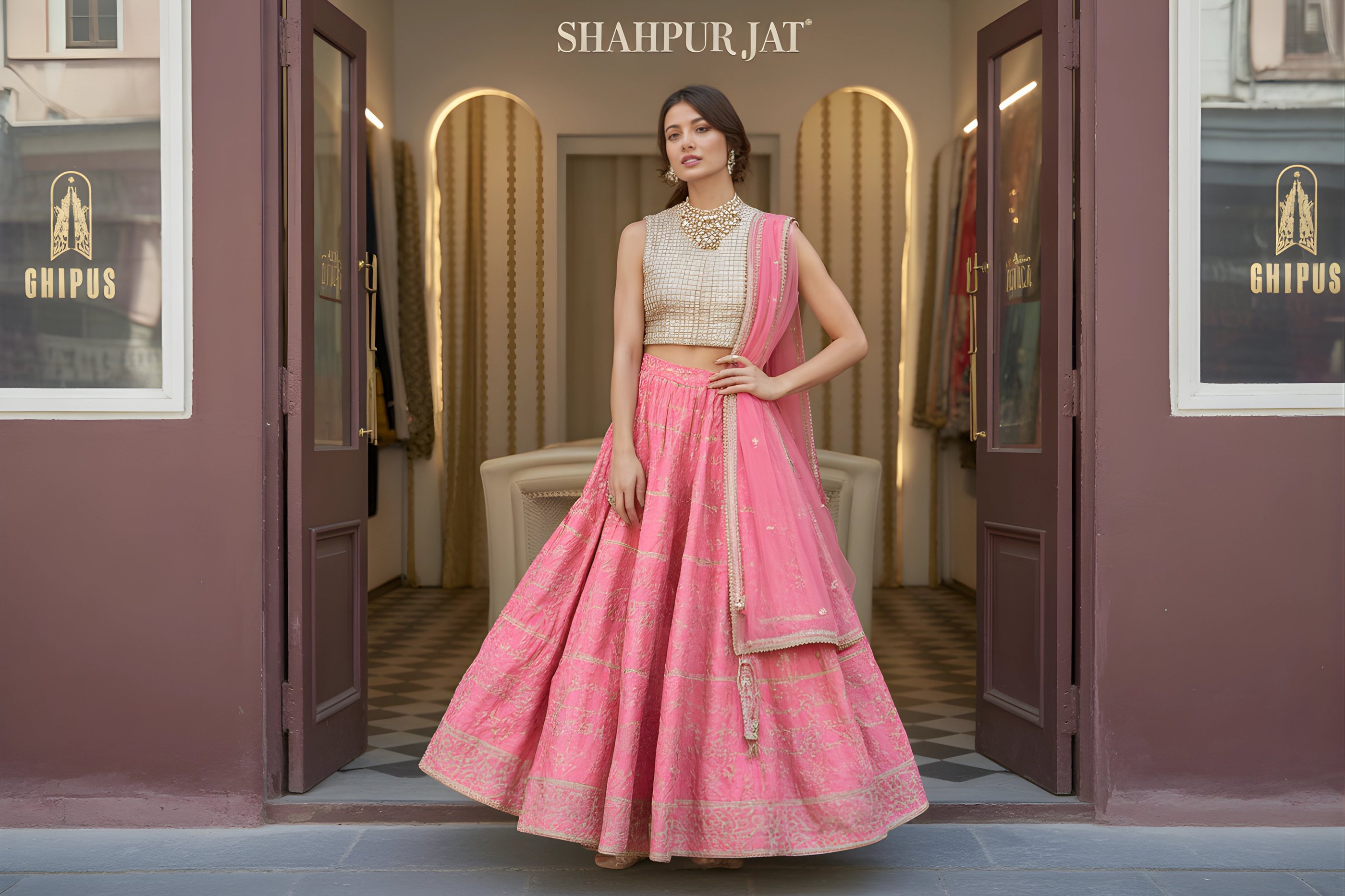 Elegant woman in a pink designer lehenga choli with gold embroidery outside a luxury boutique.