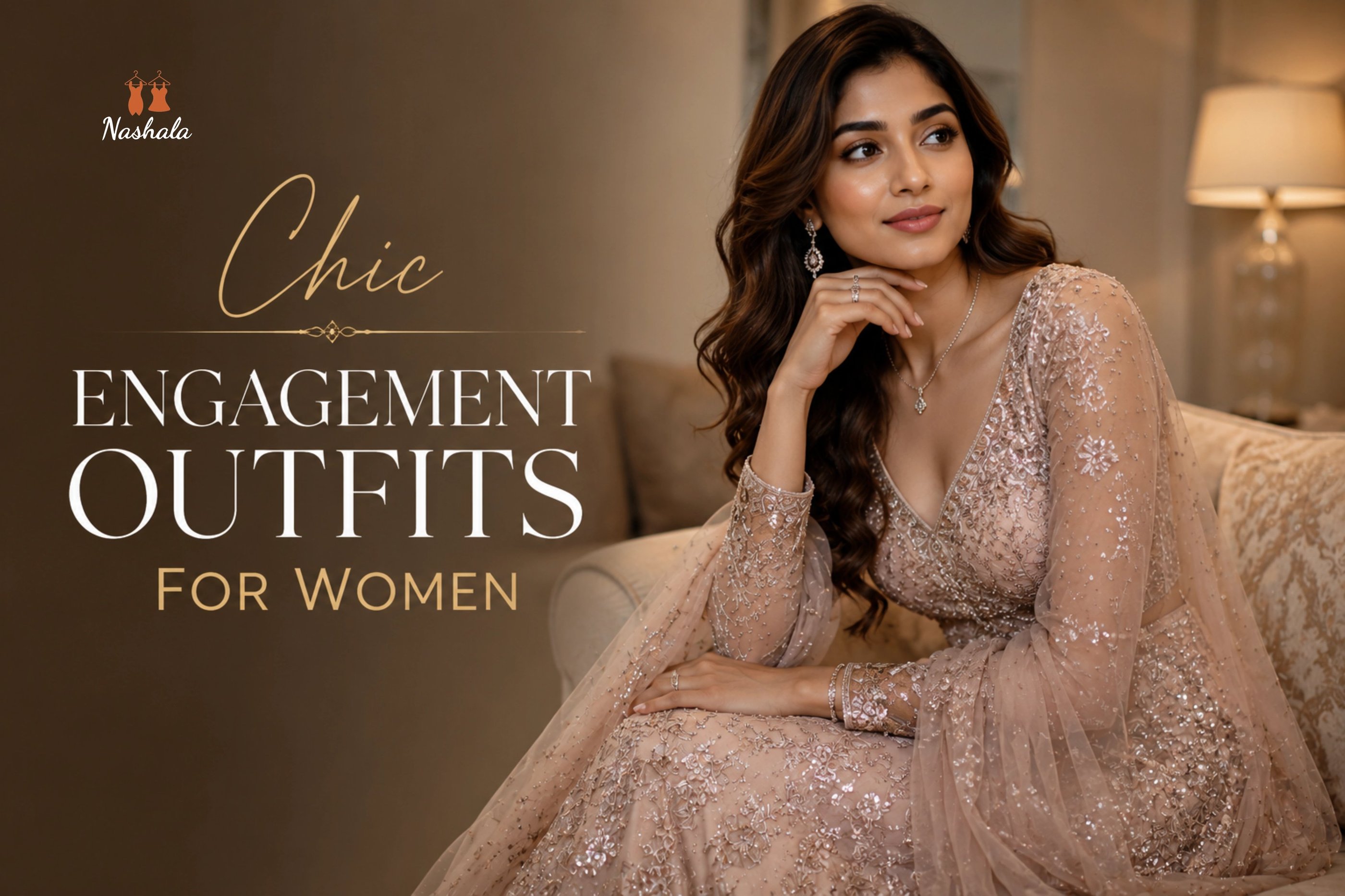 A woman wearing a chic, embellished blush pink engagement outfit with intricate embroidery.