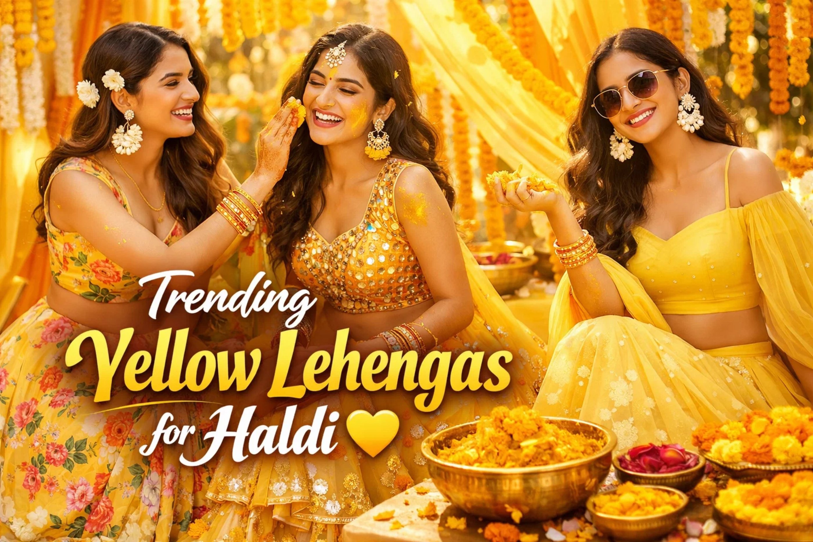 celebrating a Haldi ceremony wearing trending yellow lehengas.