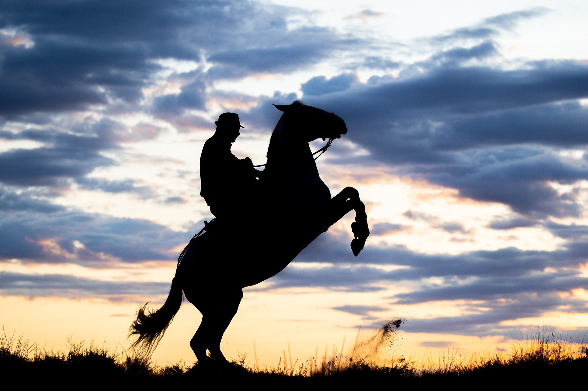 Silhouette of a cowboy on a rearing horse against a dramatic sunset sky with clouds.