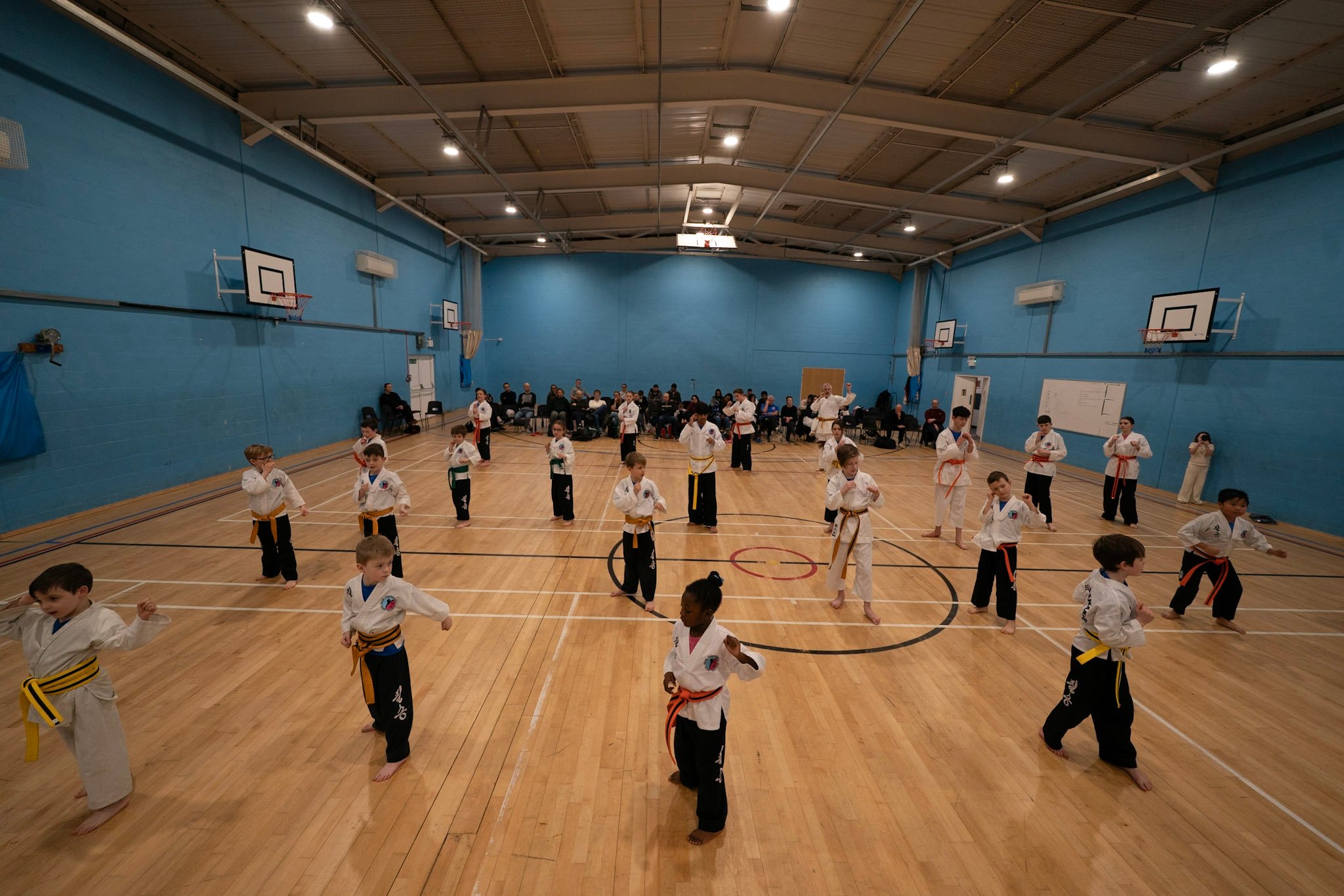 Children practicing martial arts techniques in a karate class held at an indoor sports gym.