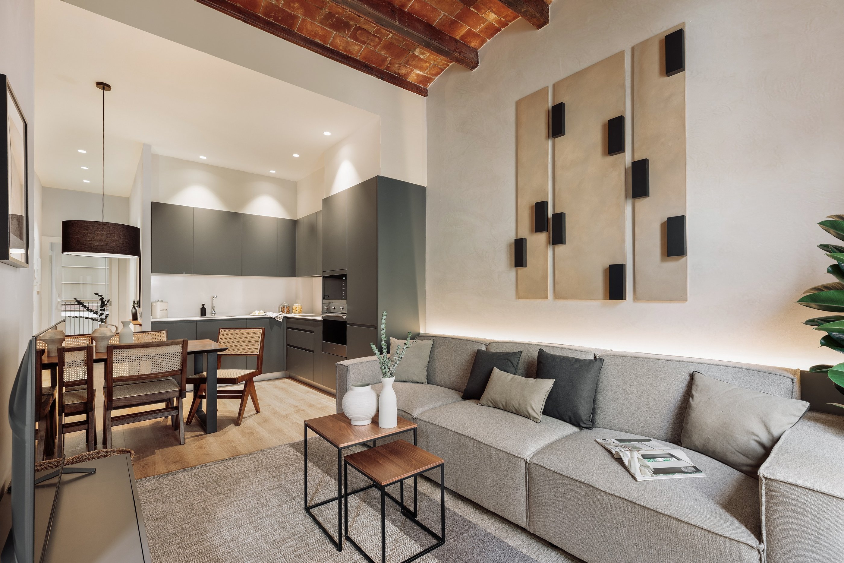 Contemporary Living room with custom art panels, open kitchen and a mix of modern and rustic design