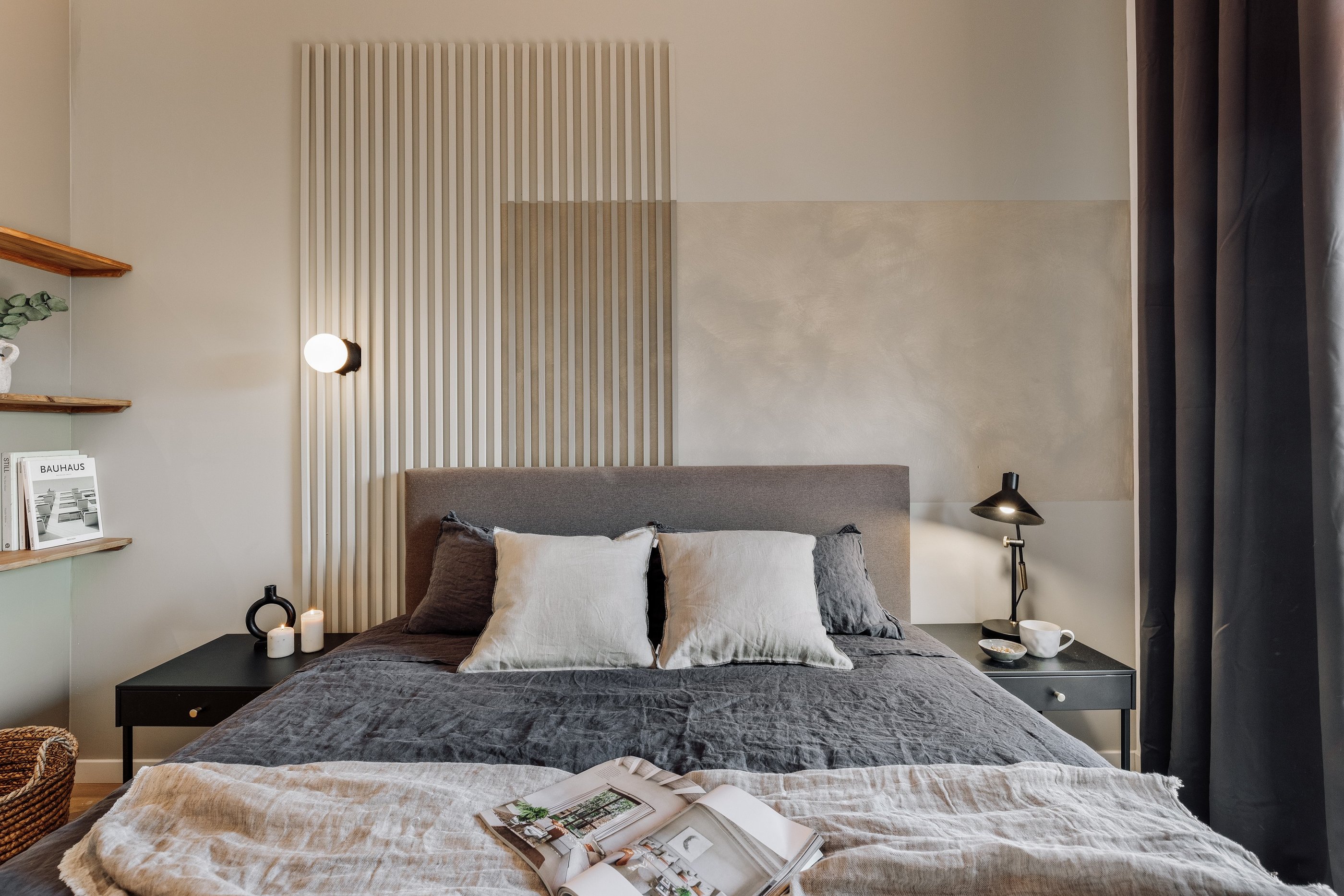 Contemporary Bedroom with custom relief art panels, neutral tones and minimalist interior design