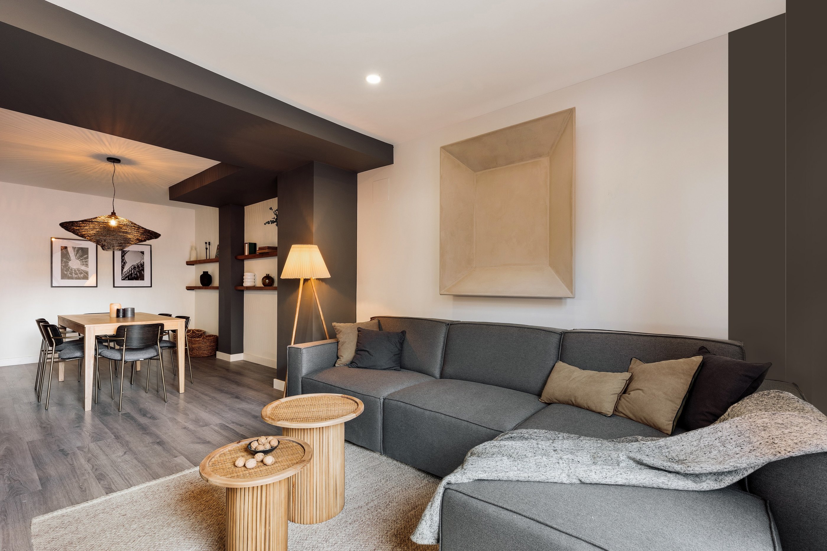 Vibrant living room with natural materials, bold colors, and modern design elements