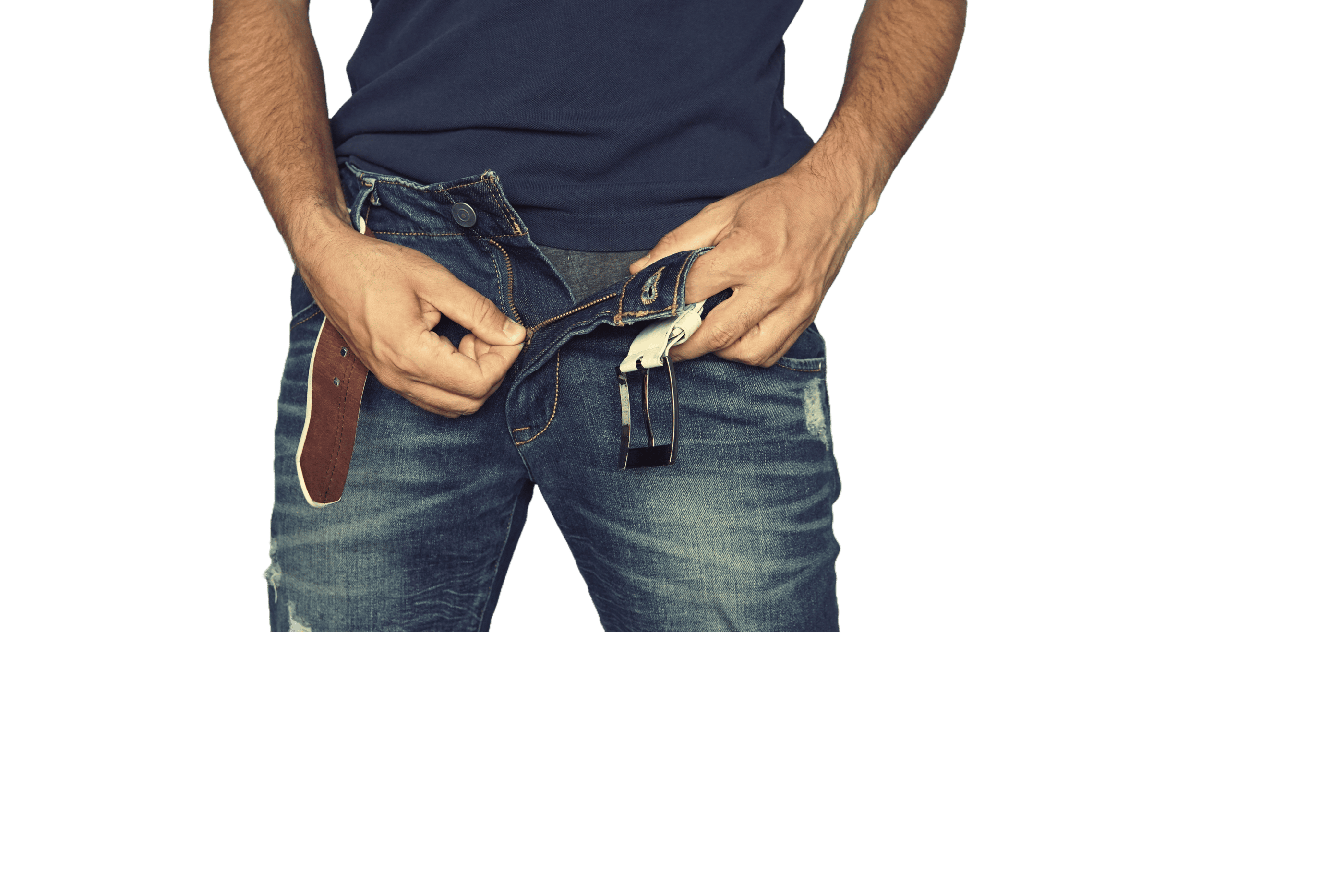 Front view photo of a light skinned man unzipping his jeans