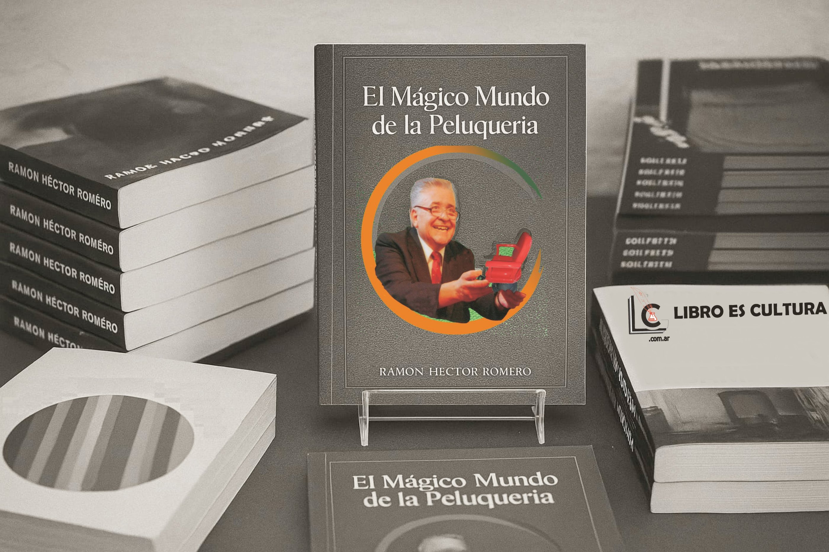 Collage: Pila de Libros con la Imágen del Escritor Ramón H. Romero, y el Logo de "Libro es Cultura"