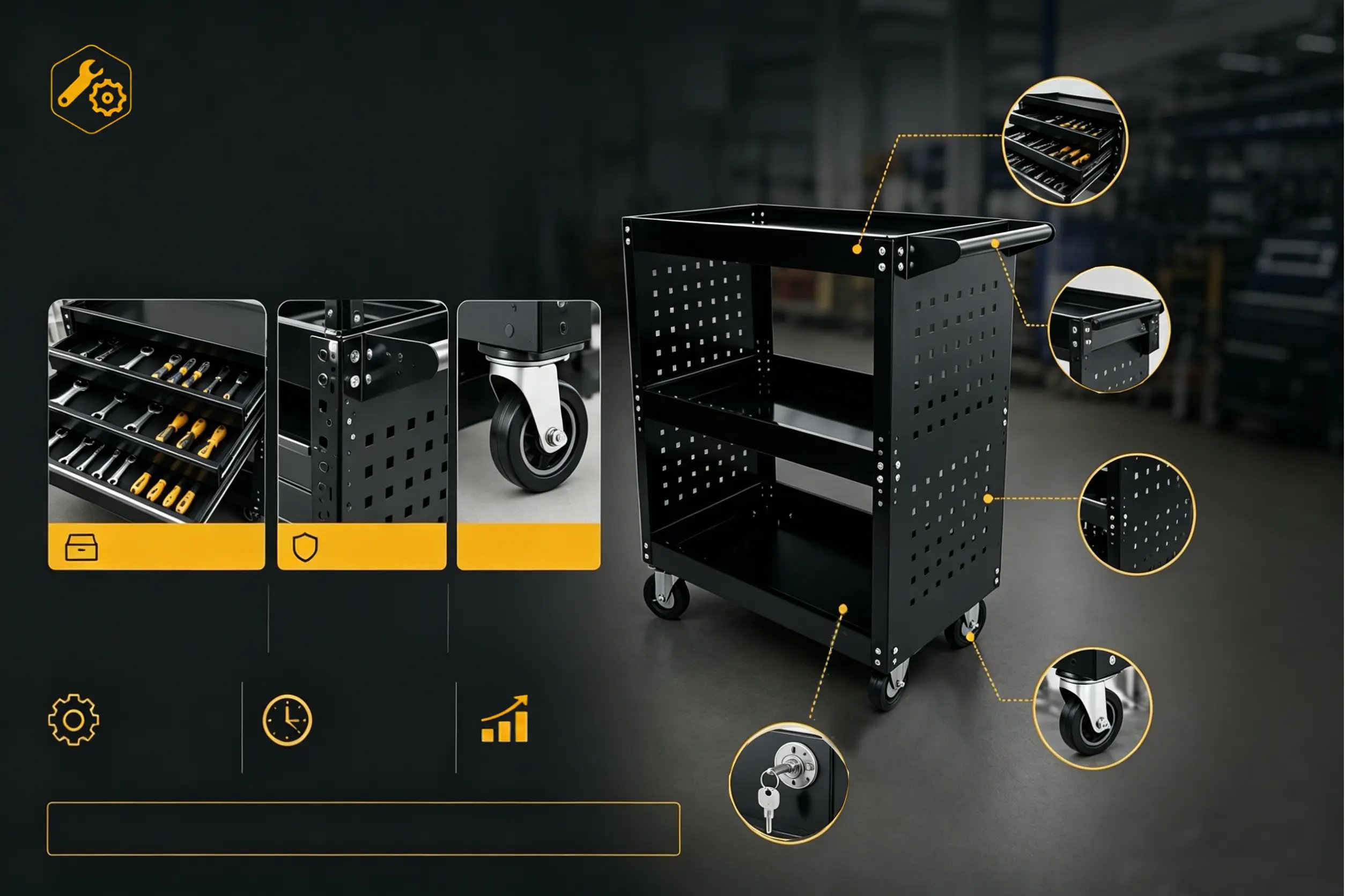 Black 3-tier rolling tool cart with locking drawers, casters, and pegboard sides for workshop storage.