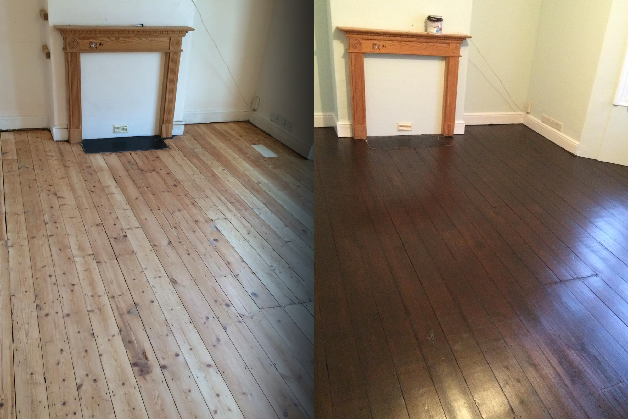 Before and after of Sussex pine wood floor sanding and dark oak staining in a living room.