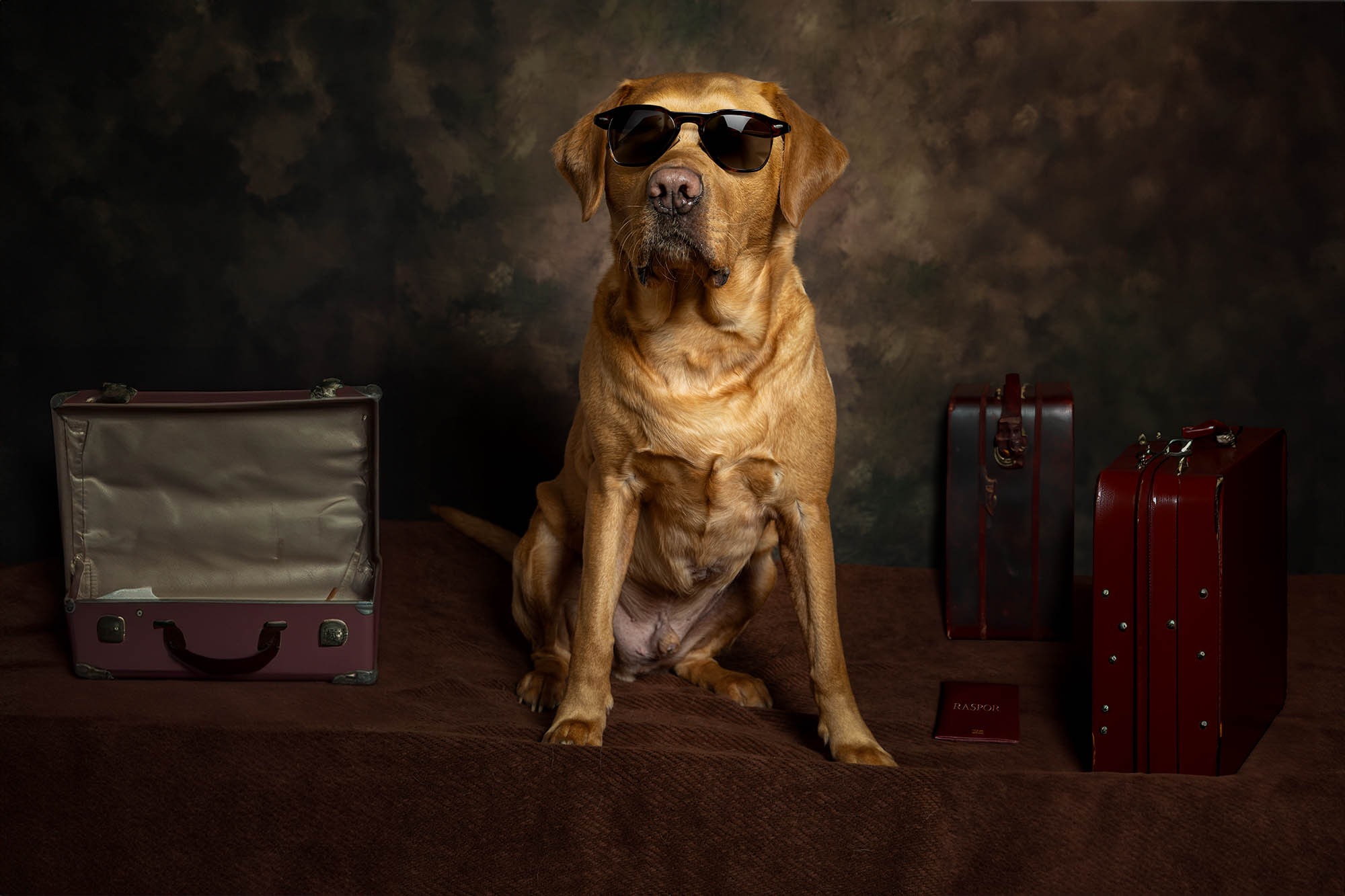 LokiPawtraits - a dog wearing sunglasses and sunglasses with a suitcase