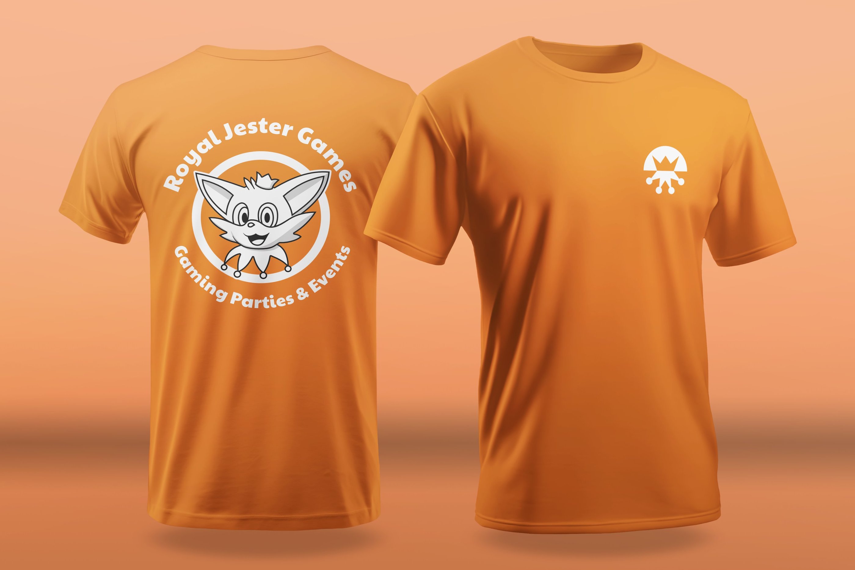 T-shirt design with logomark on front, and mascot in black and white on reverse