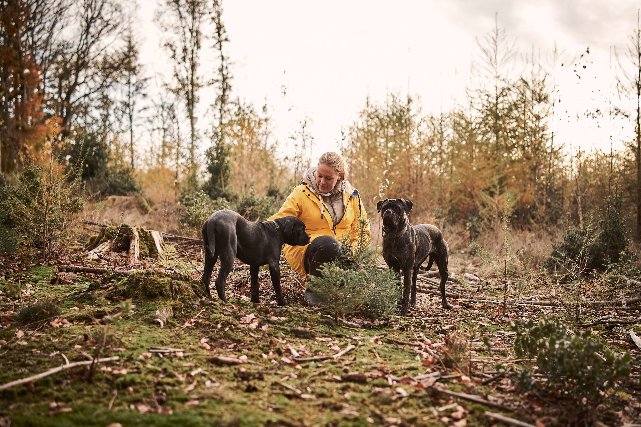 Katja beim Fotoshooting im Wald mit ihren Hunden
