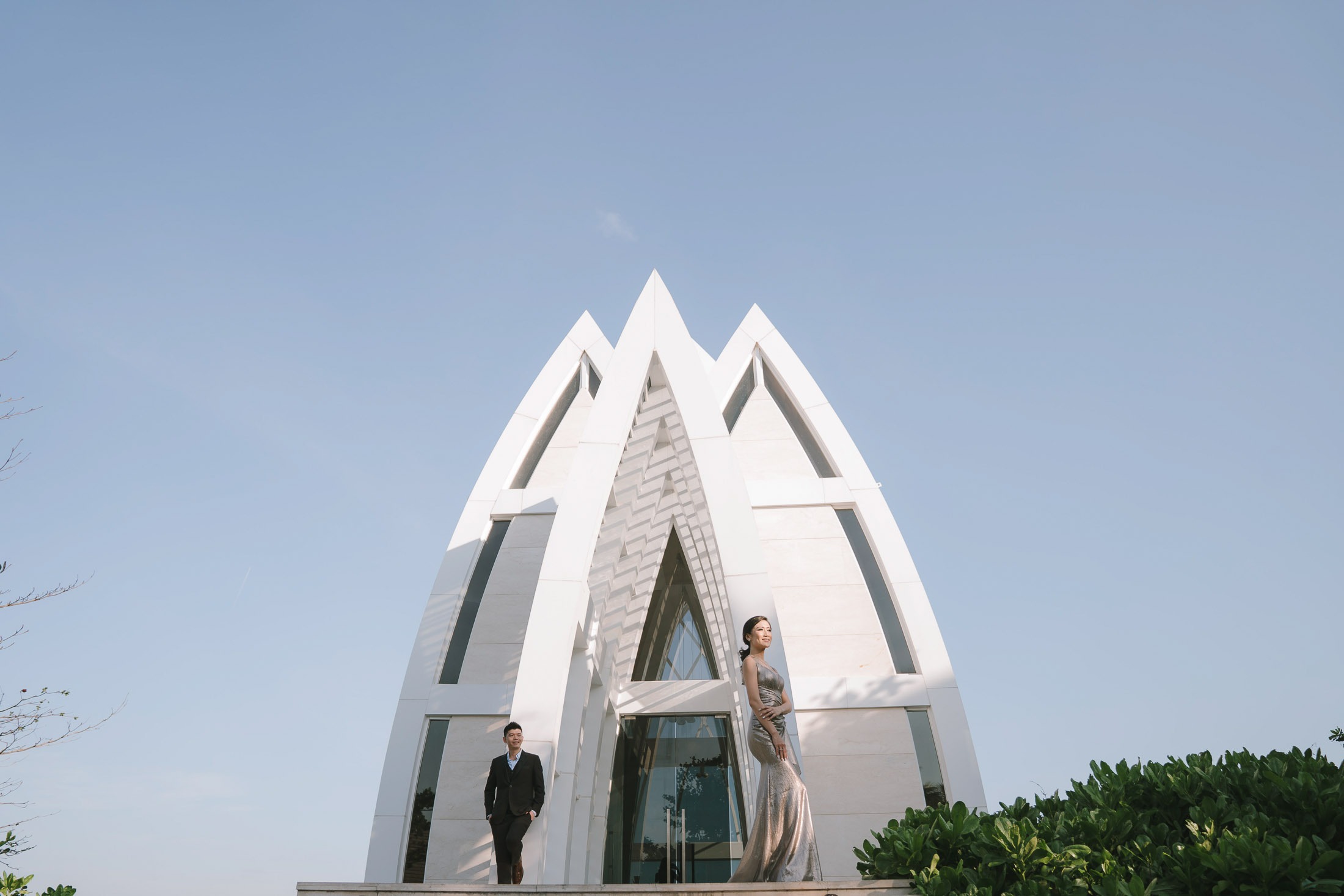 Prewedding couple in front of chapel at The Ritz-Carlton Nusa Dua Bali.
