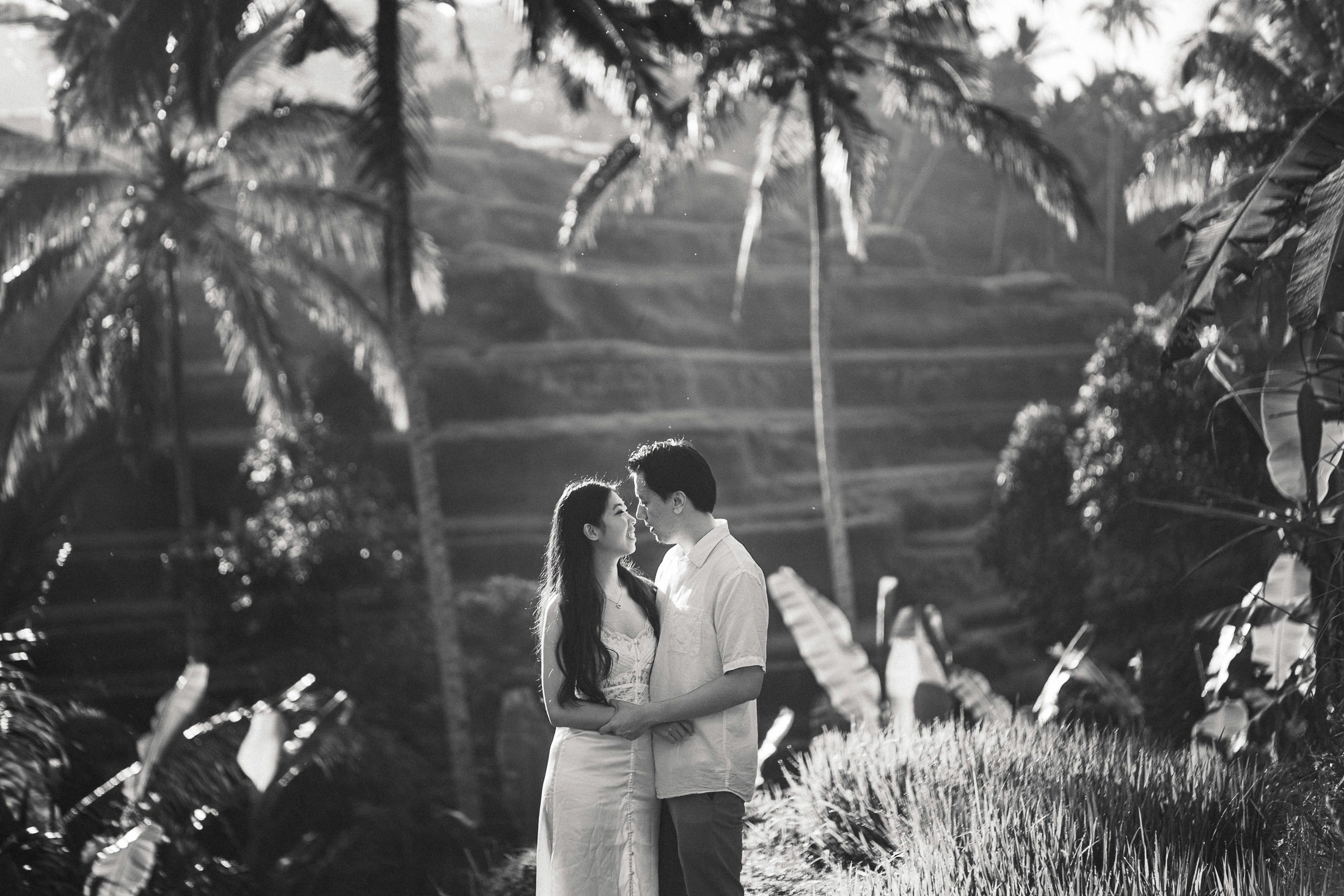 Romantic couple photography session in Ubud Bali, intimate cinematic couple portrait in nature