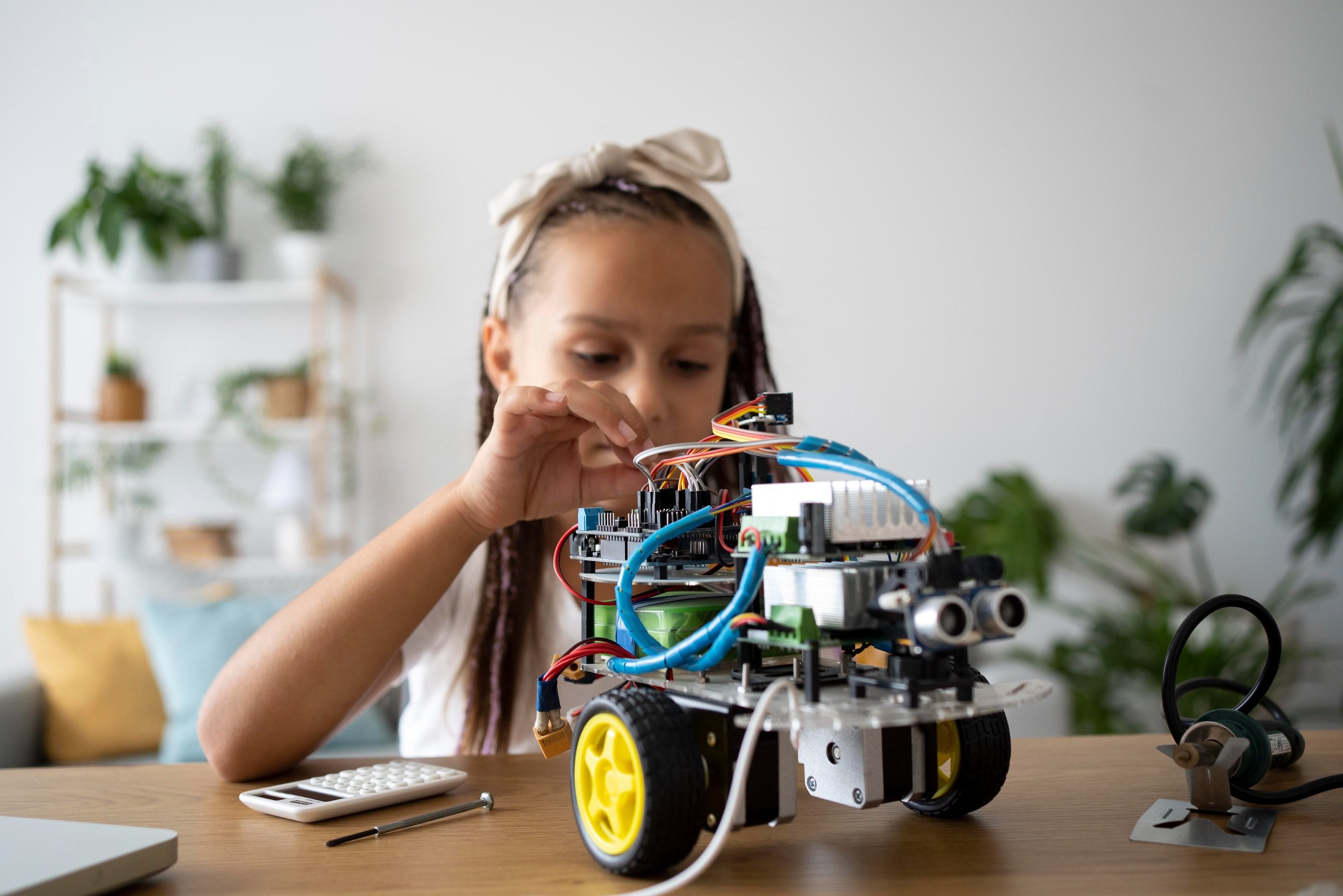 a girl is playing with a robot