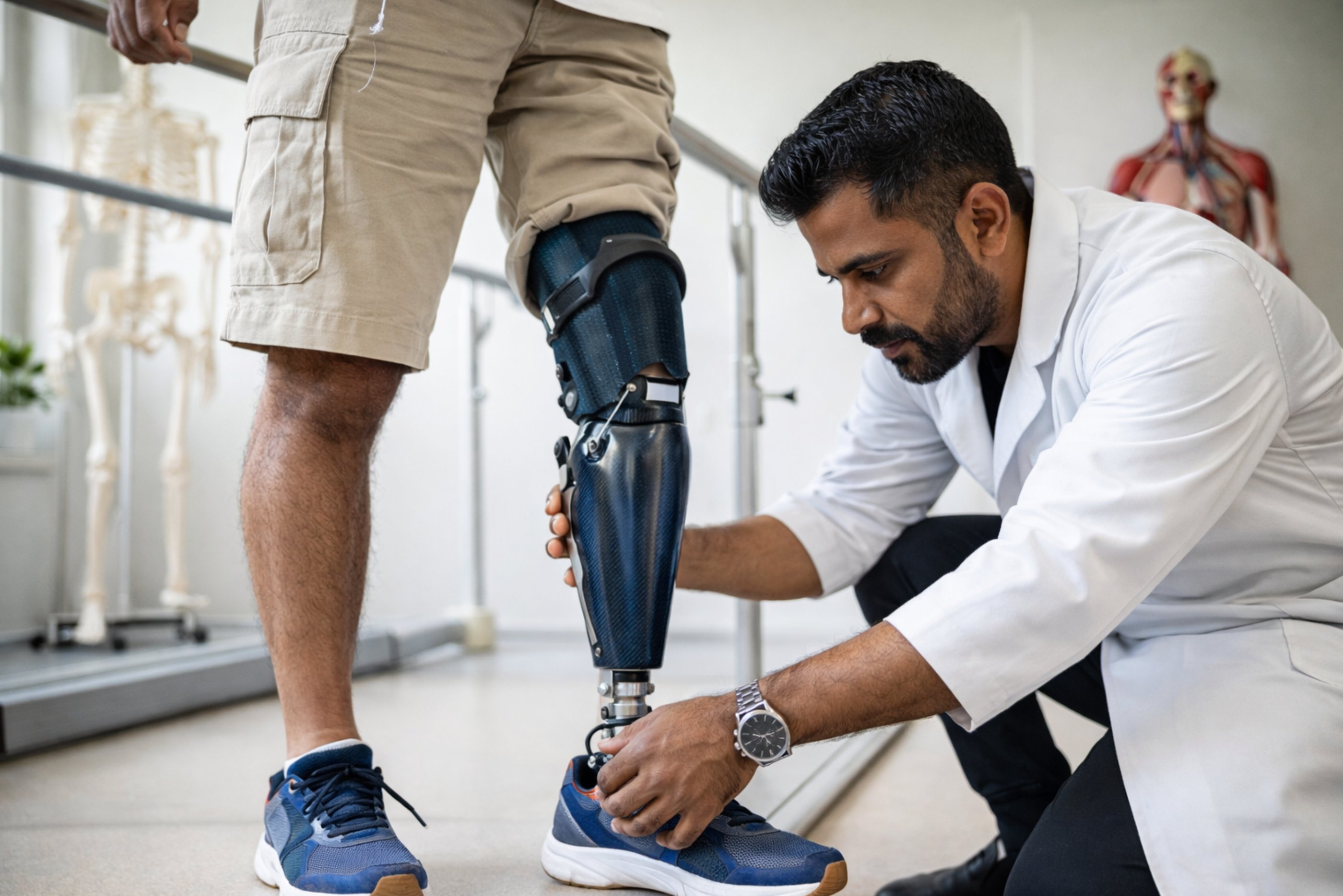 Custom prosthetic leg fitting in a clinical setting in Noida, India