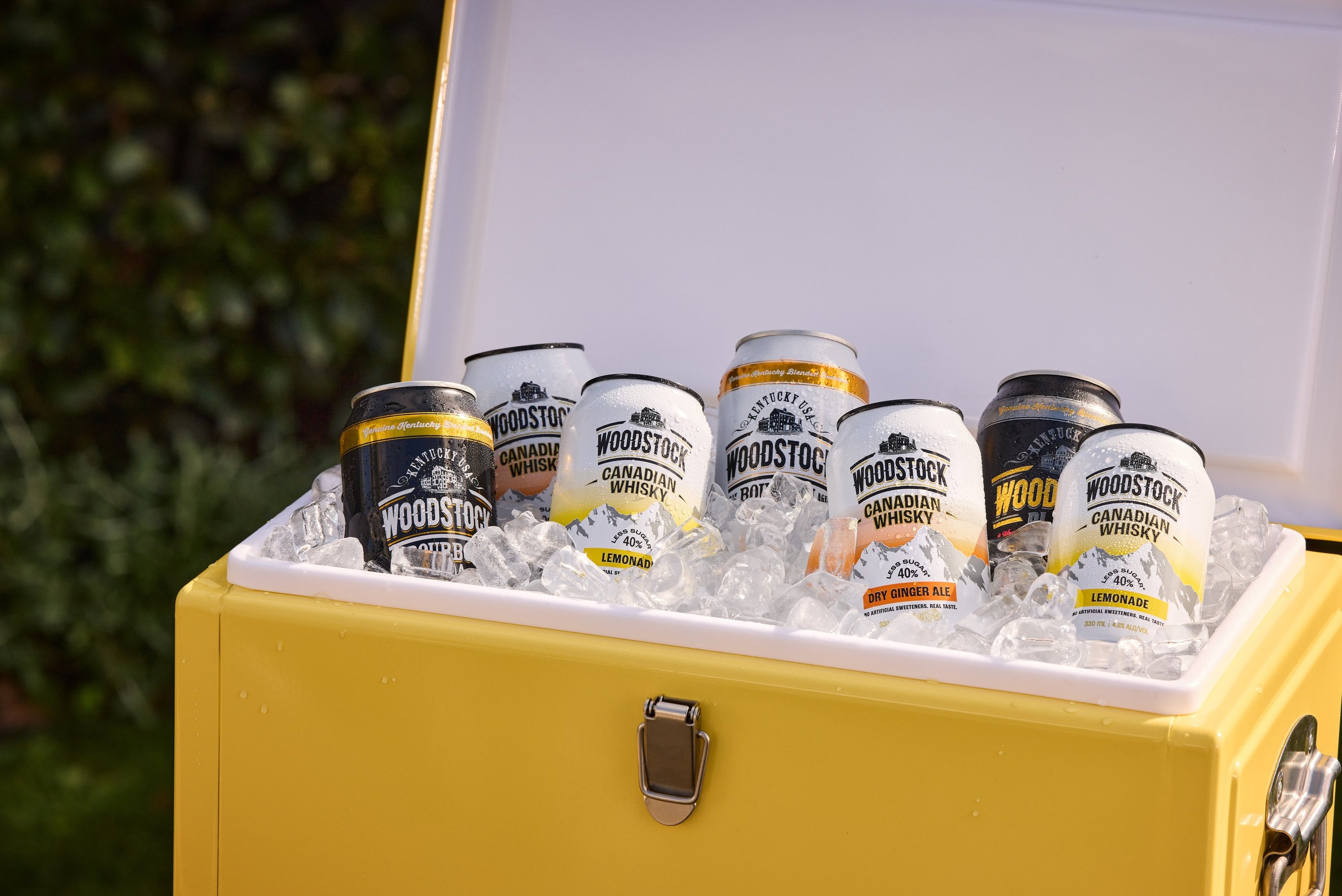 Product photography - a cooler box with cans of woodstock whisky