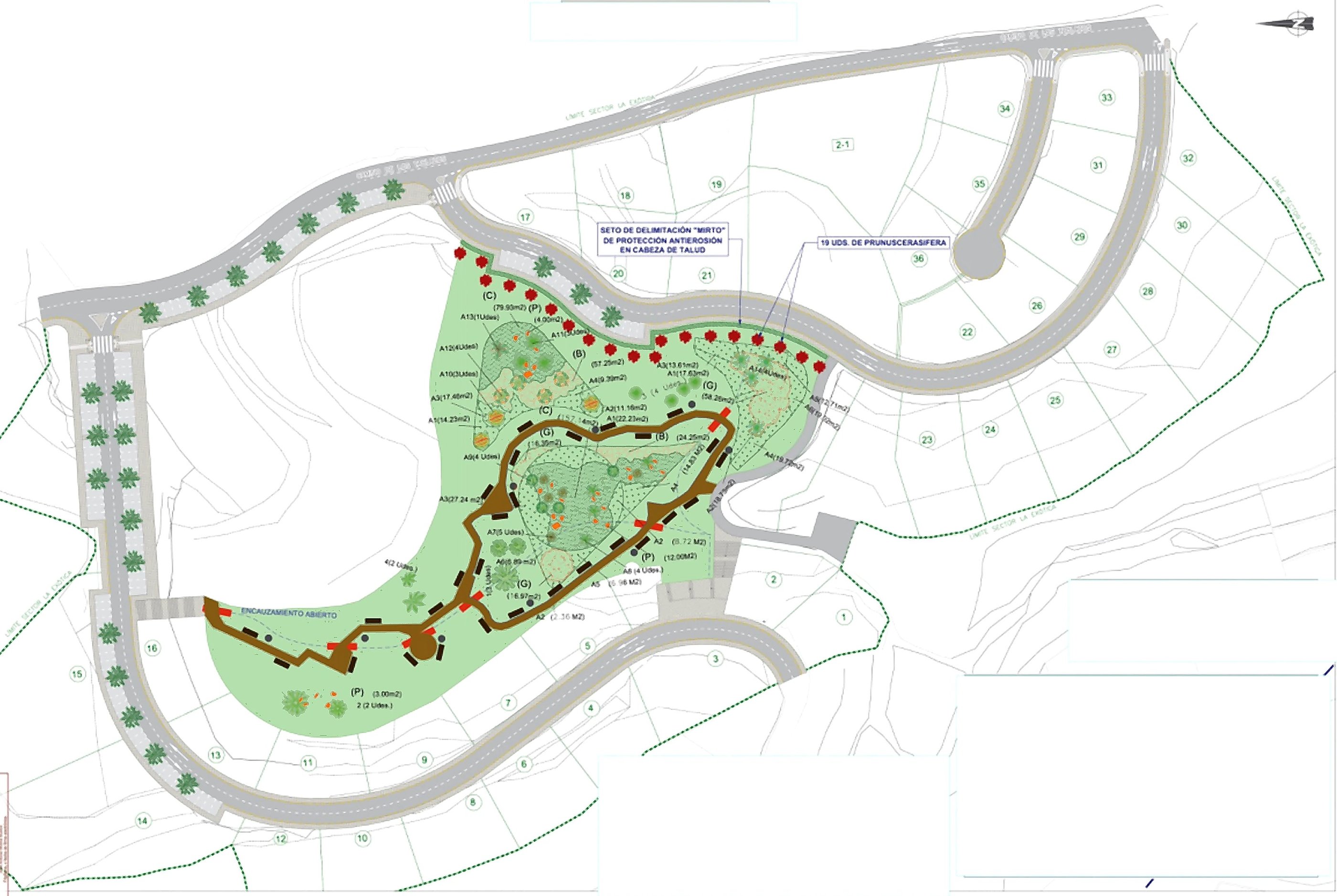 Masterplan de Terrazas de La Exótica con numeración de parcelas.