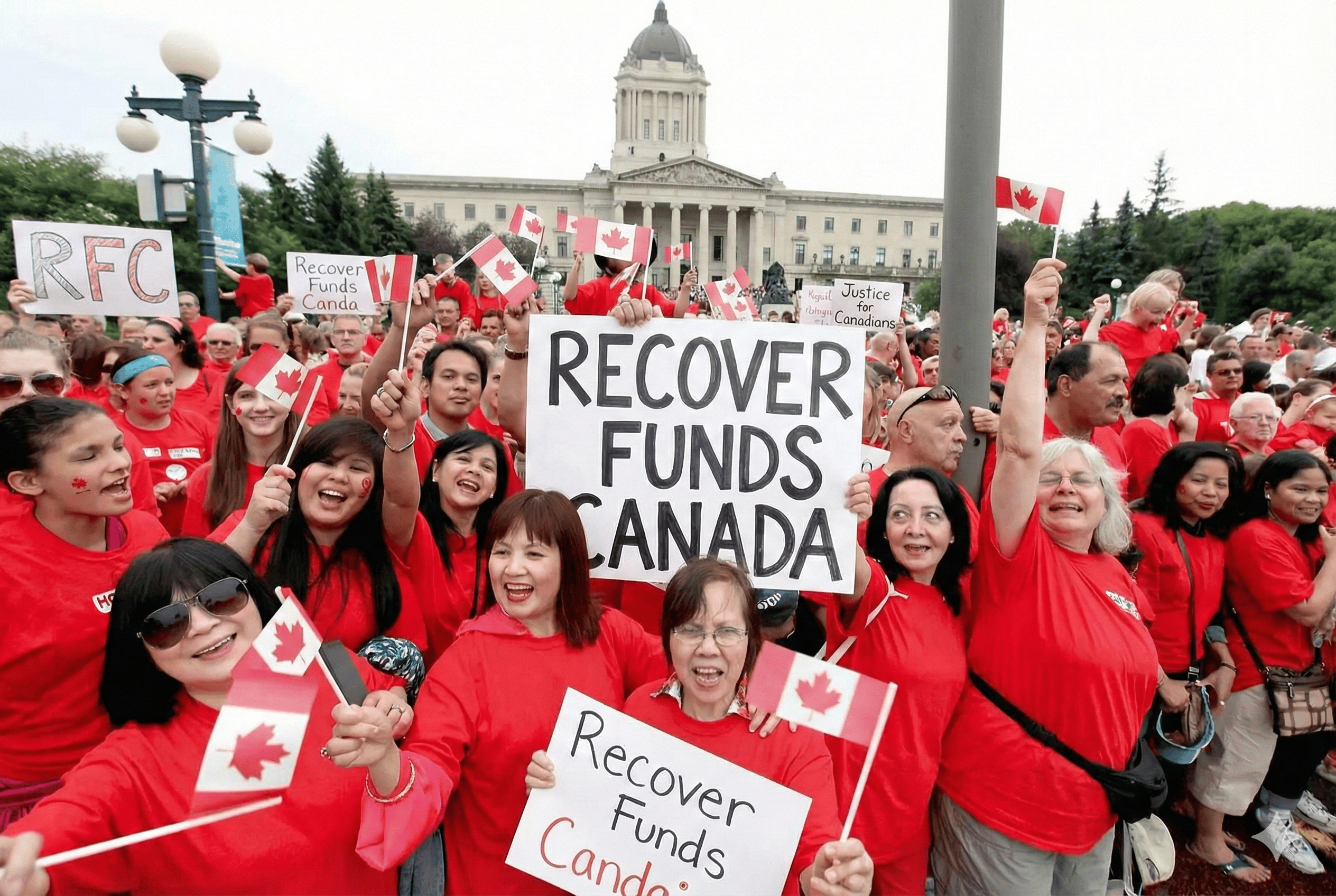 A group of people protesting and holding writings "Recover Funds Canada" "Crypto Recovery Canada"
